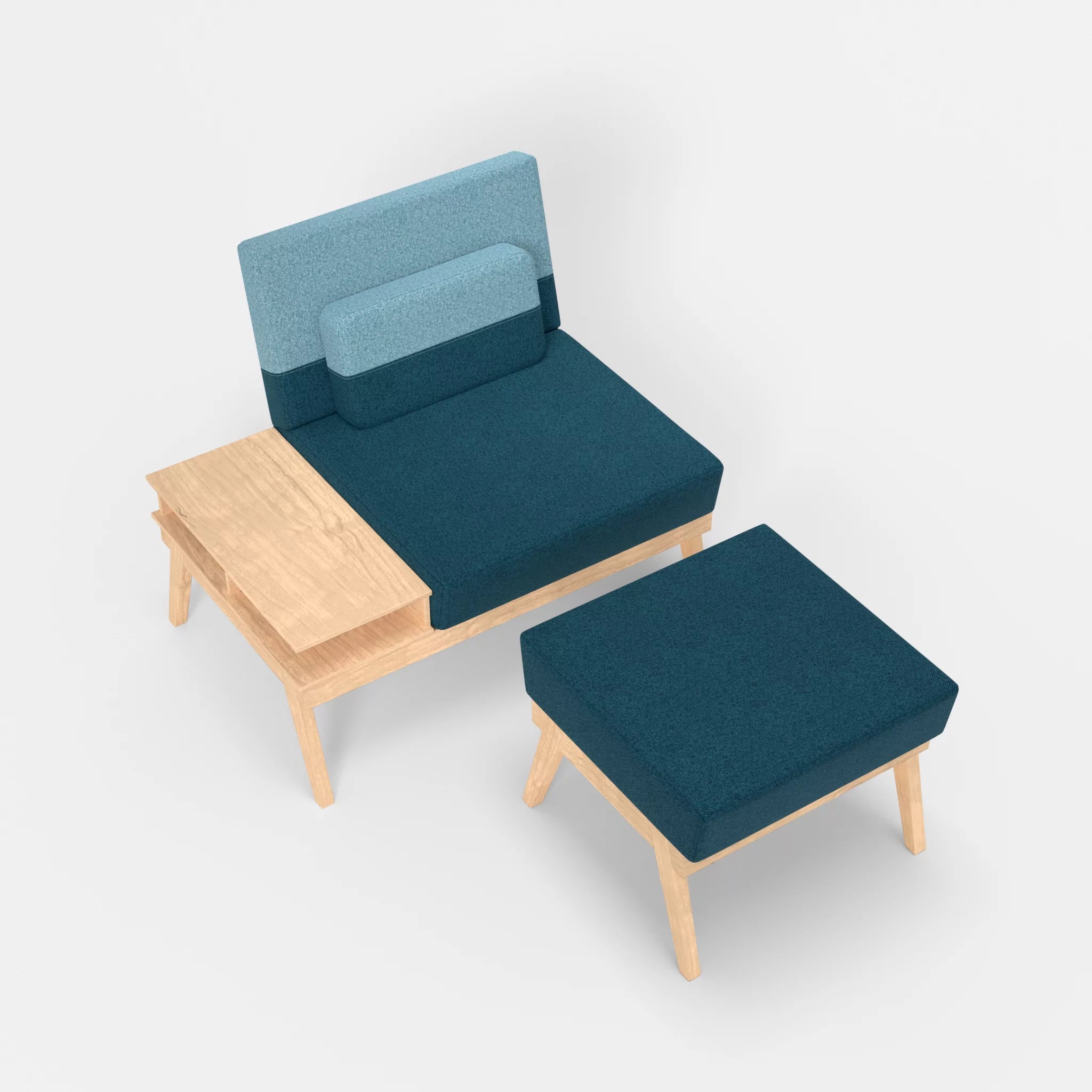 1er Sitzsofa Bauz mit Ablage links und Pouf celia0203-celia0209 in Blau und Türkis von oben