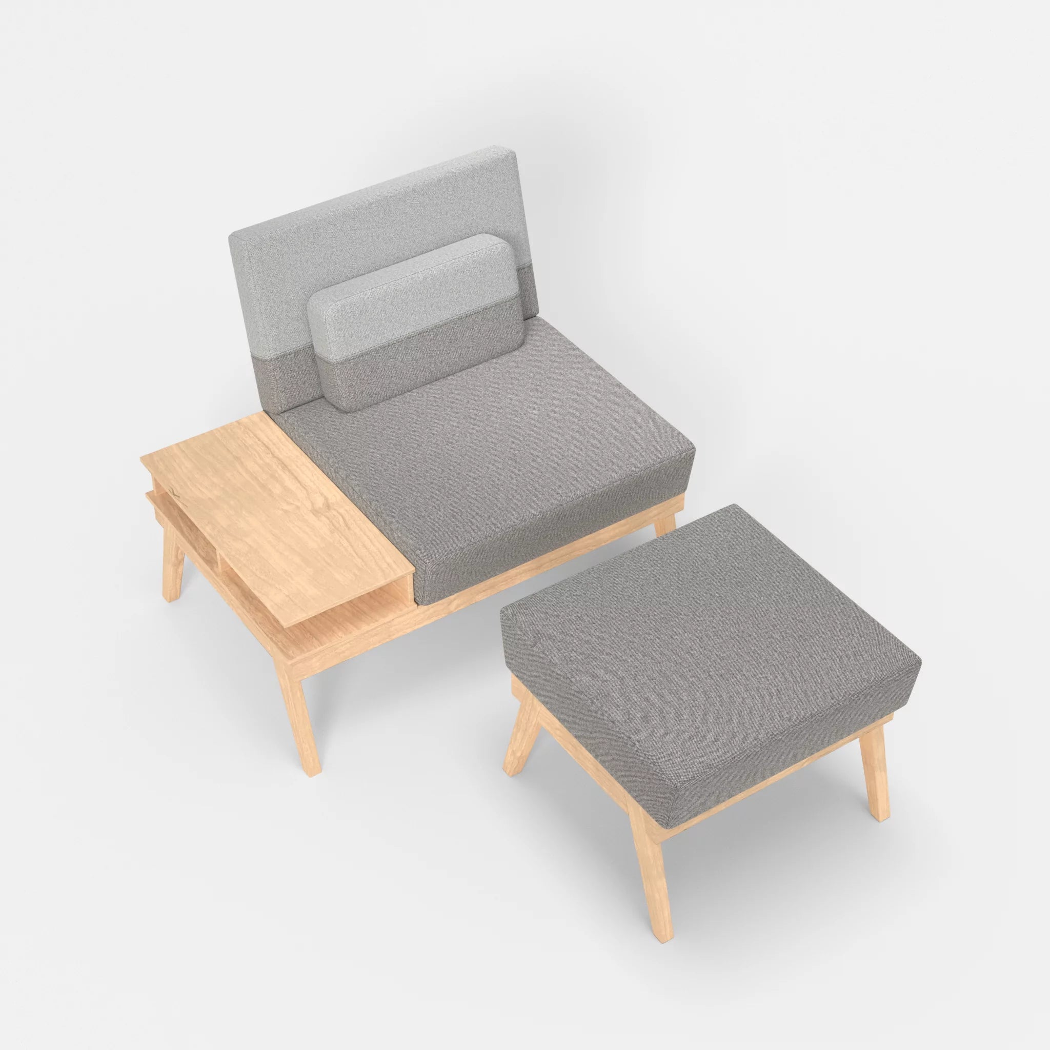 1er Sitzsofa Bauz mit Ablage links und Pouf celia0208-celia0204 in Mittelgrau und Hellgrau von oben