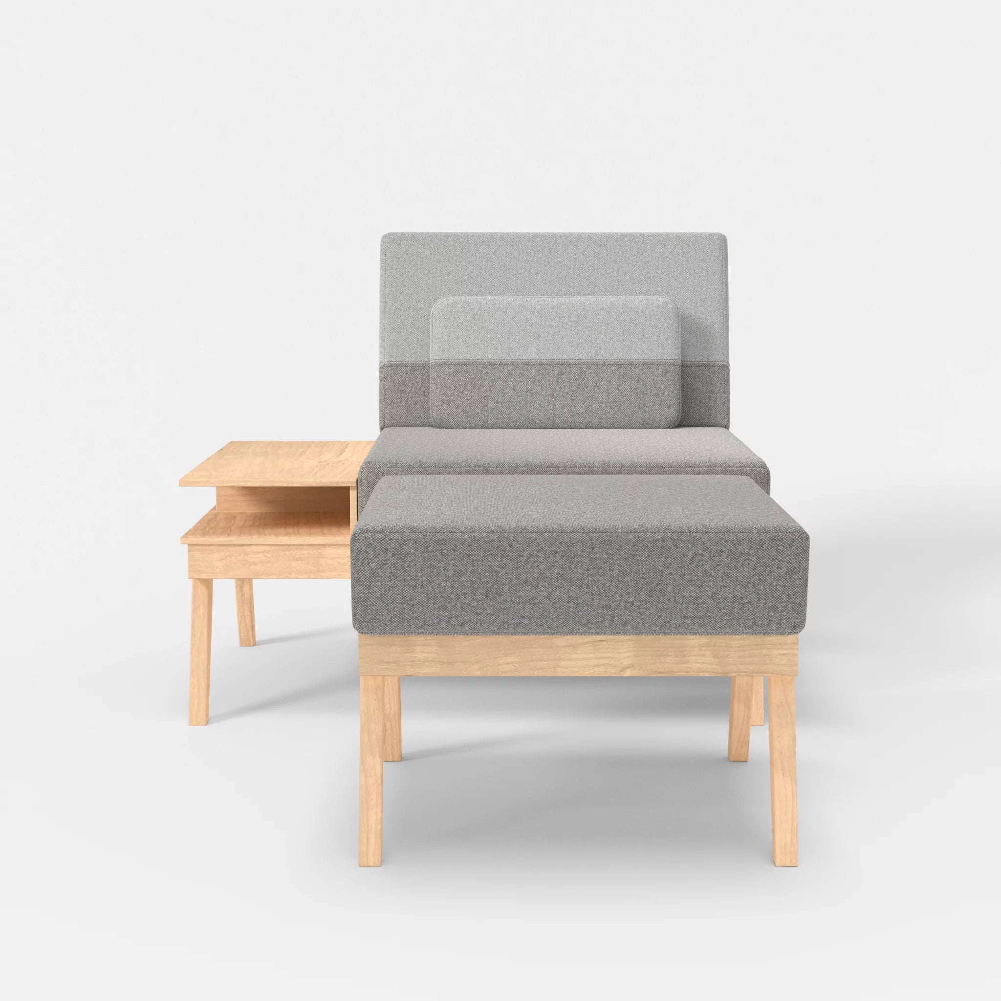 1er Sitzsofa Bauz mit Ablage links und Pouf celia0208-celia0204 in Mittelgrau und Hellgrau von vorne