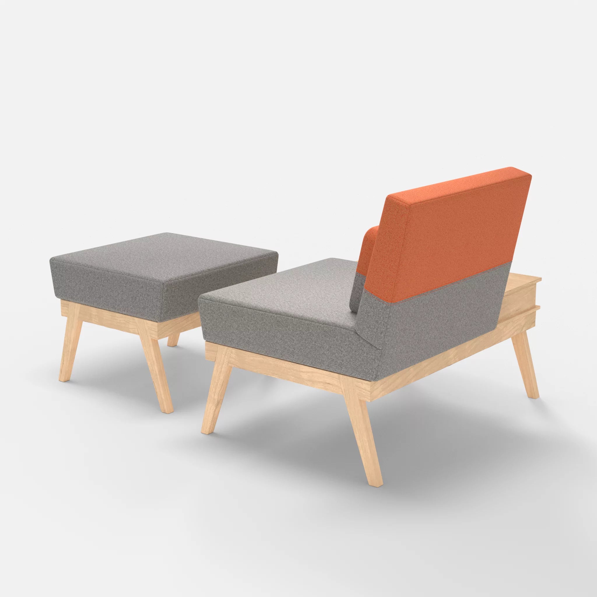 1er Sitzsofa Bauz mit Ablage links und Pouf celia0208-celia0215 in Mittelgrau und Orange von hinten