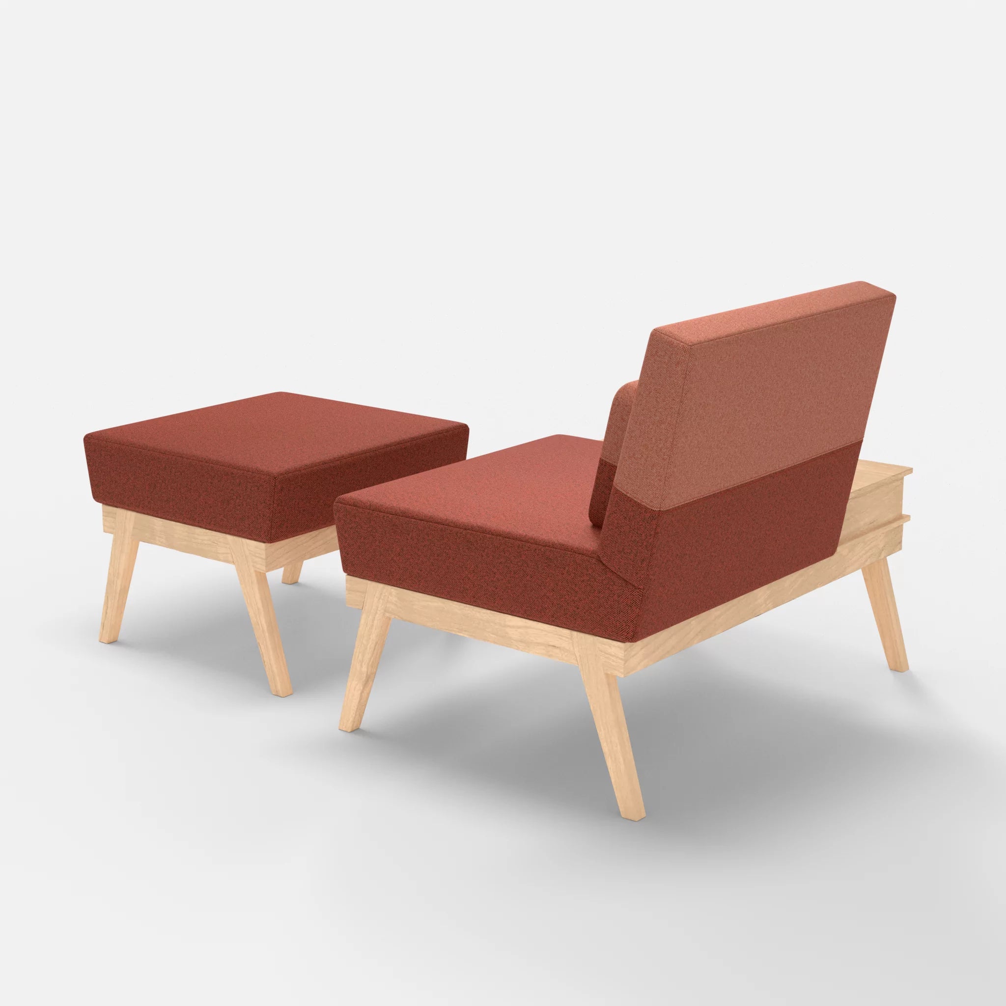 1er Sitzsofa Bauz mit Ablage links und Pouf celia0214-celia0217 in Terracotta und Orange von hinten