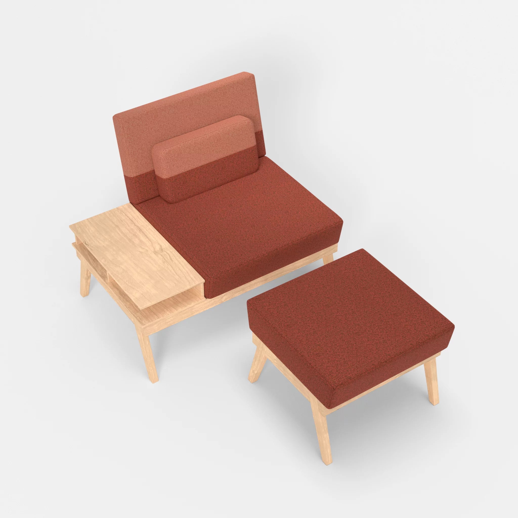 1er Sitzsofa Bauz mit Ablage links und Pouf celia0214-celia0217 in Terracotta und Orange von oben