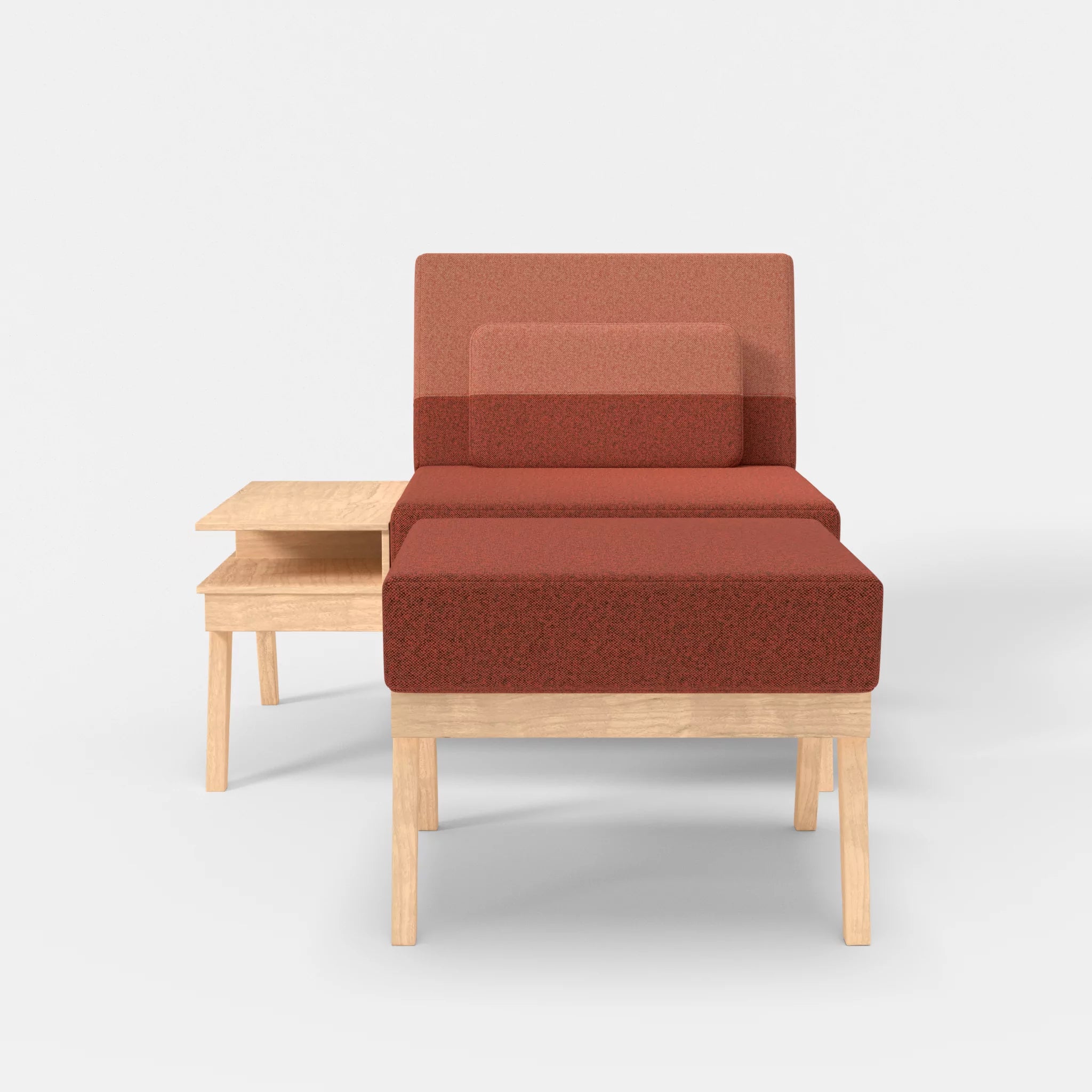 1er Sitzsofa Bauz mit Ablage links und Pouf celia0214-celia0217 in Terracotta und Orange von vorne