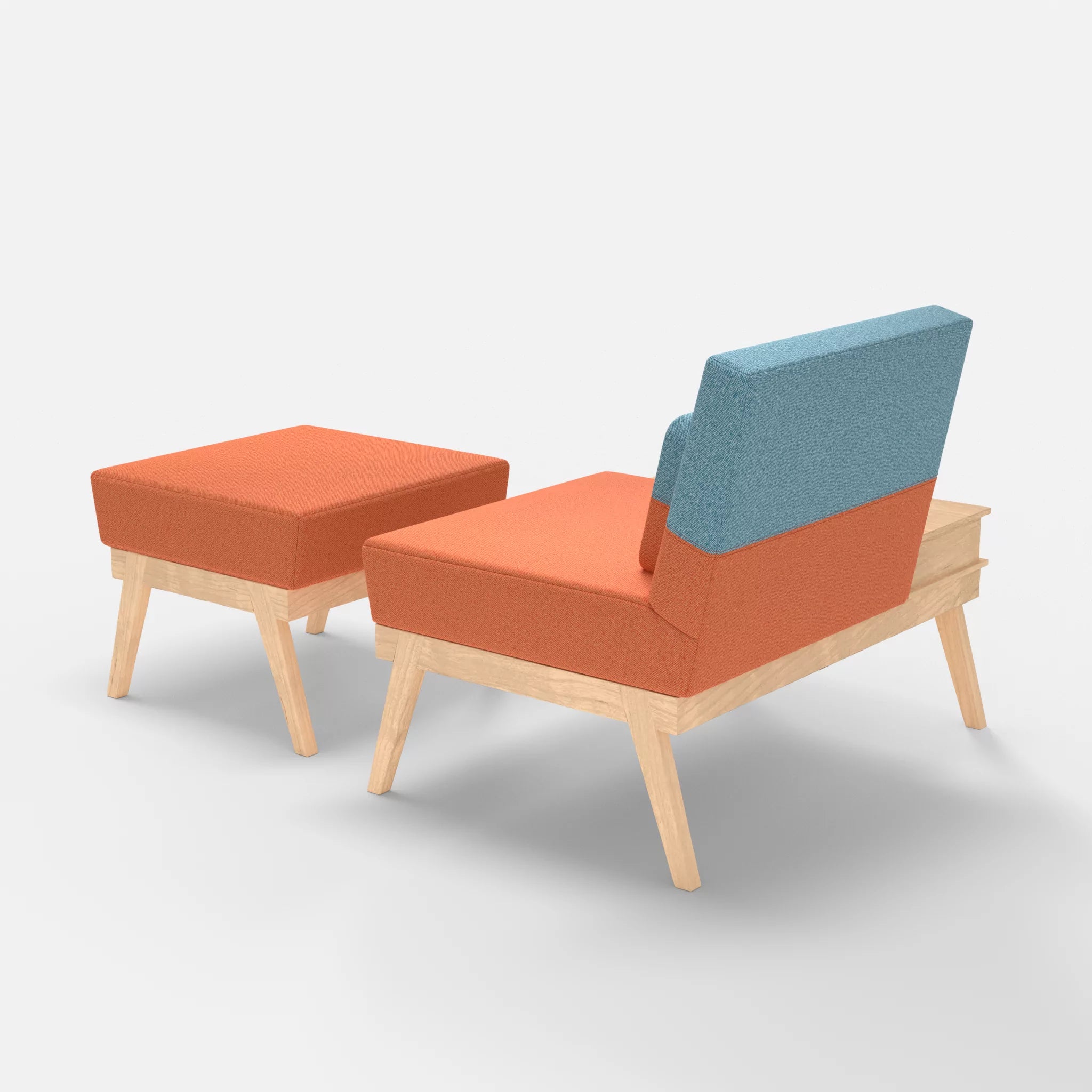 1er Sitzsofa Bauz mit Ablage links und Pouf celia0215-celia0209 in Orange und Türkis von hinten