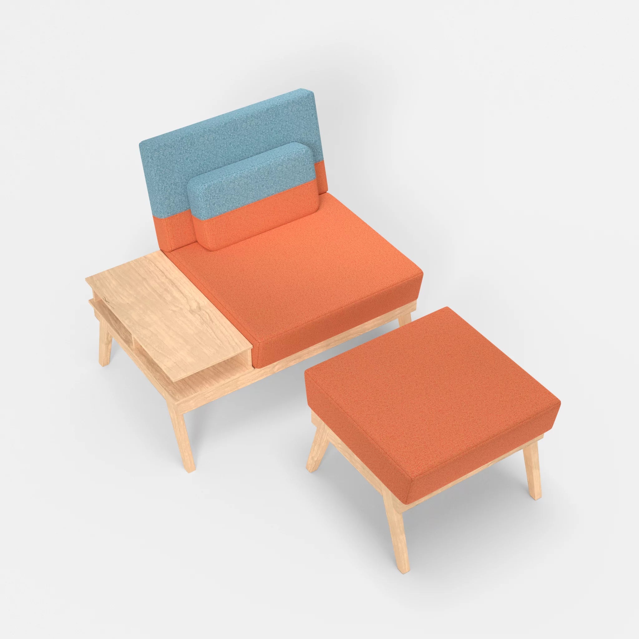 1er Sitzsofa Bauz mit Ablage links und Pouf celia0215-celia0209 in Orange und Türkis von oben