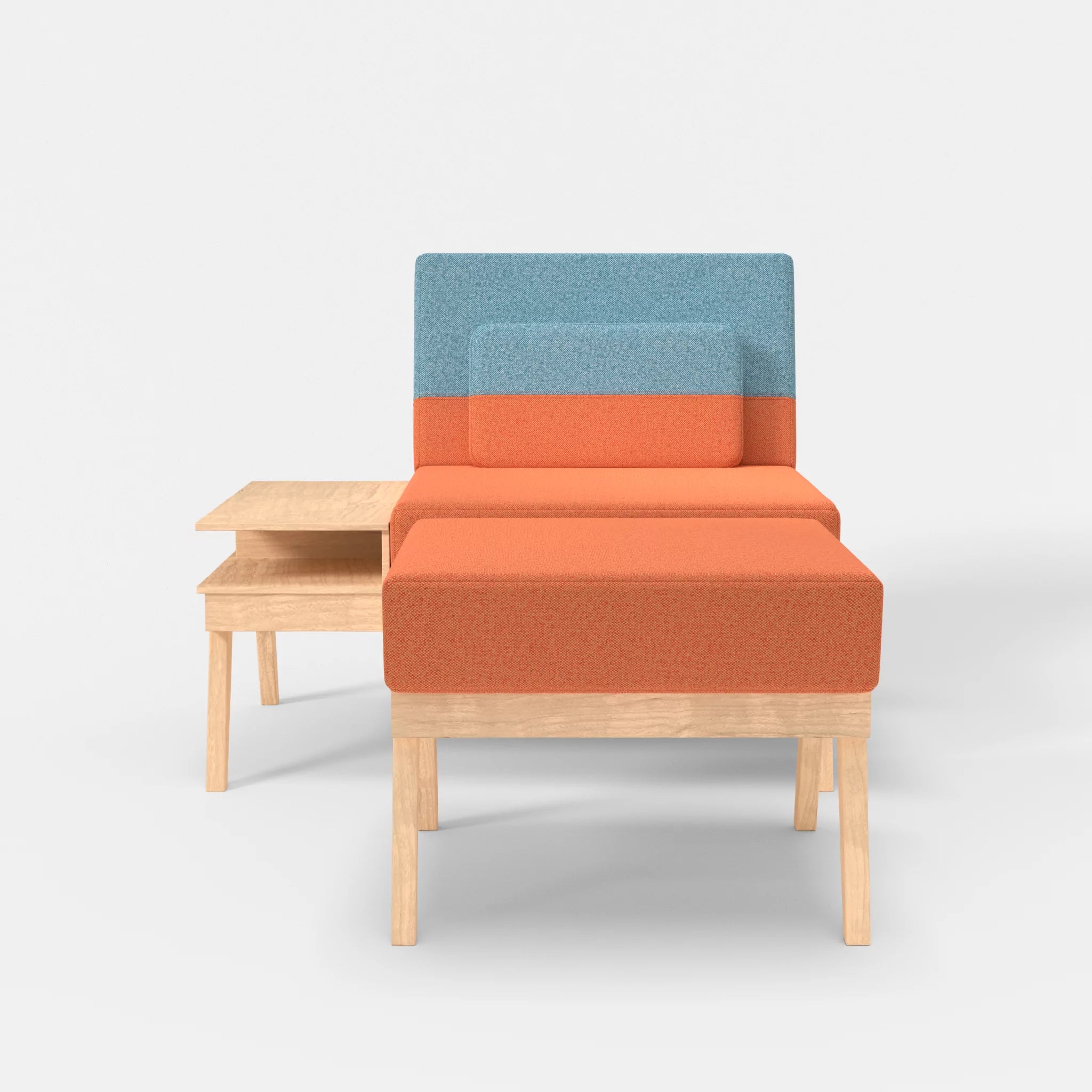 1er Sitzsofa Bauz mit Ablage links und Pouf celia0215-celia0209 in Orange und Türkis von vorne