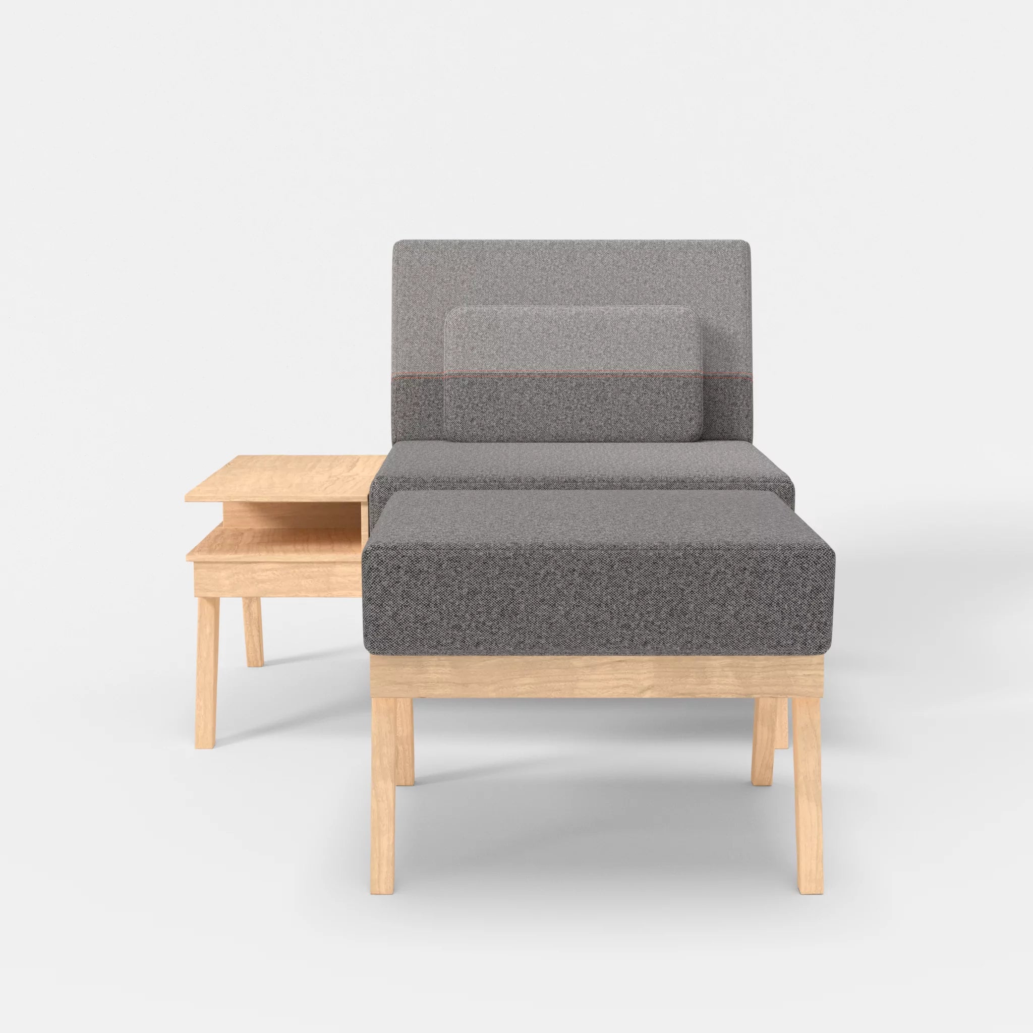 1er Sitzsofa Bauz mit Ablage links und Pouf celia0218-celia0208 in Dunkelgrau und Mittelgrau von vorne