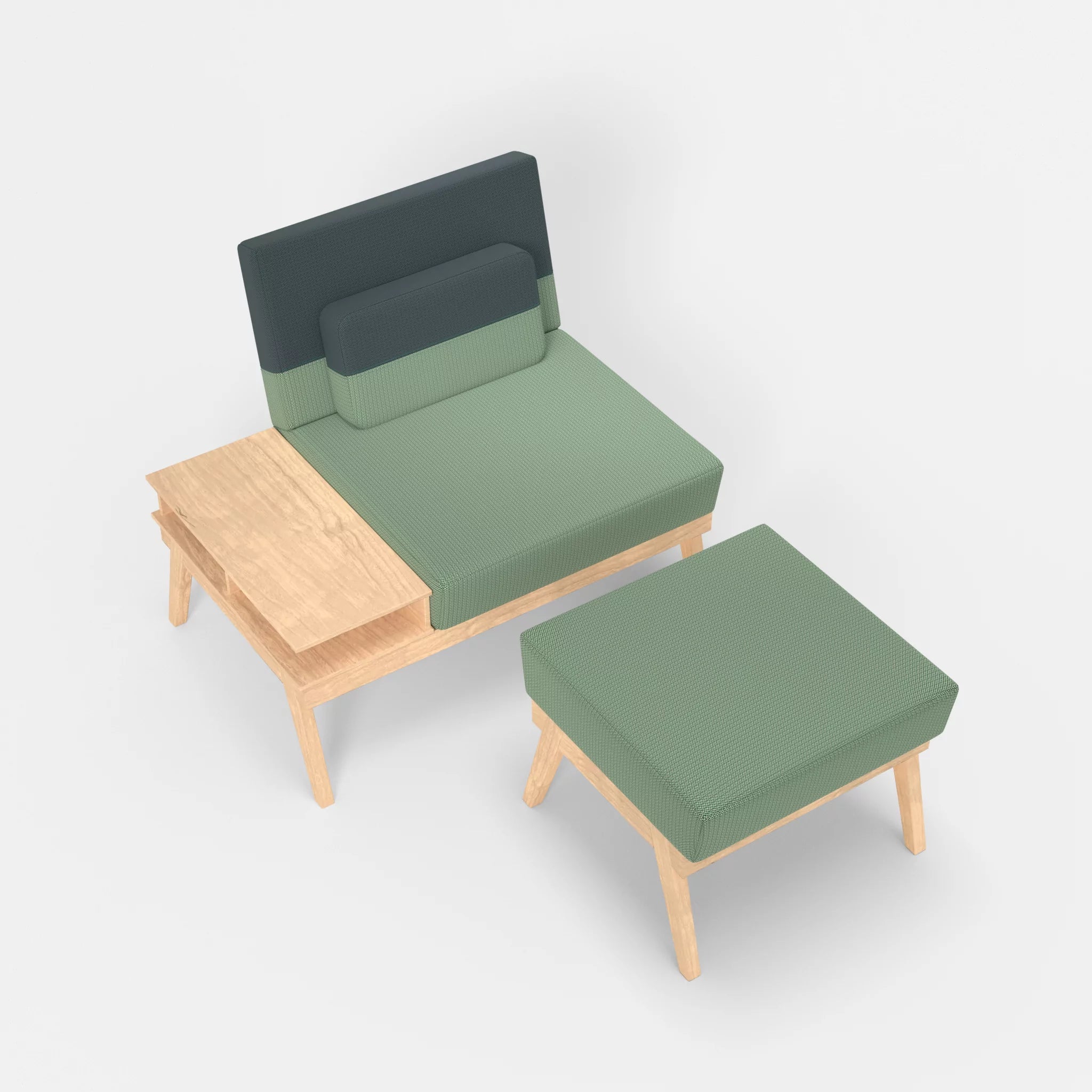 1er Sitzsofa Bauz mit Ablage links und Pouf credoaloe-credojaspis in Hellgrün und Türkis von oben