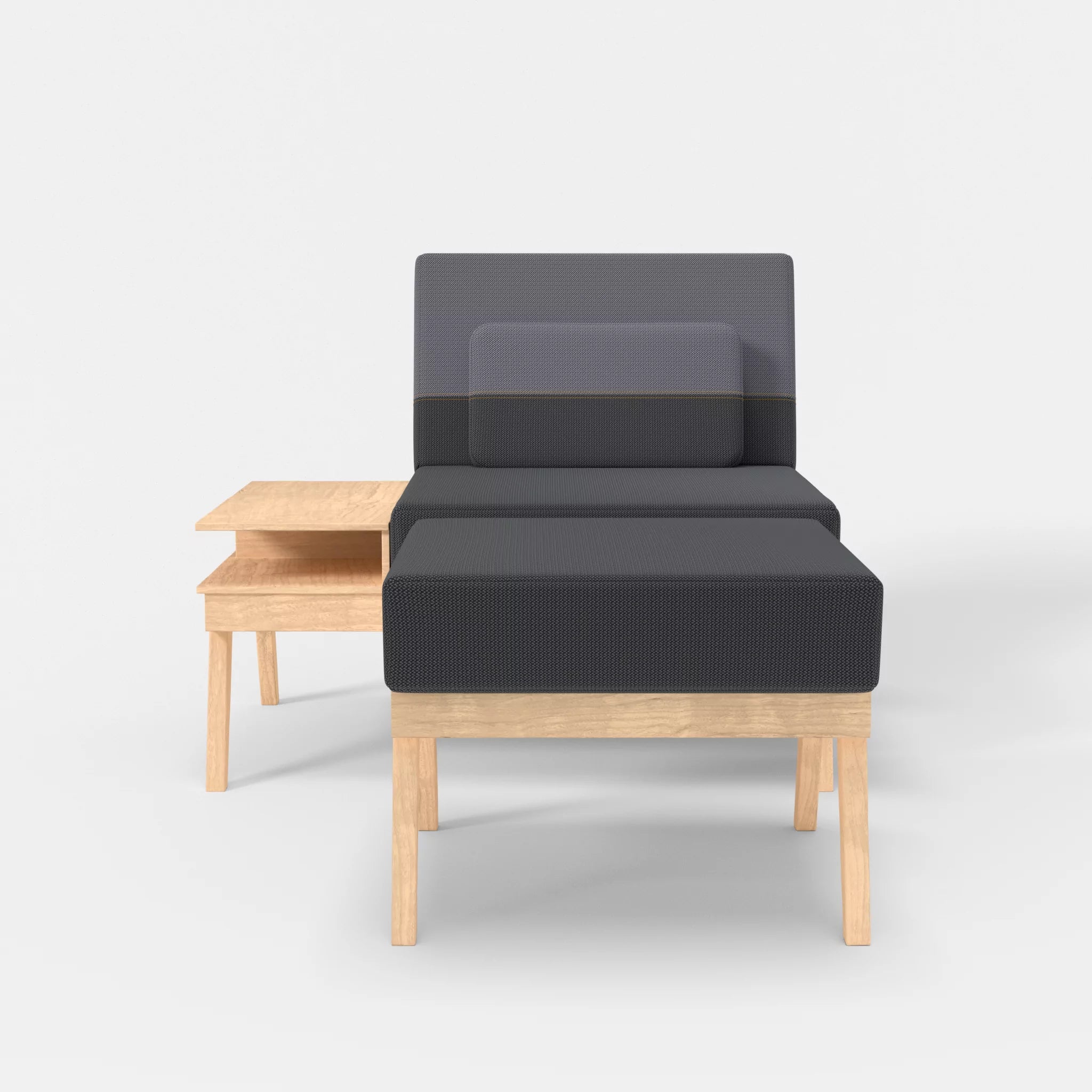 1er Sitzsofa Bauz mit Ablage links und Pouf credoasphalt-credocarbon in Anthrazit und Dunkelgrau von vorne