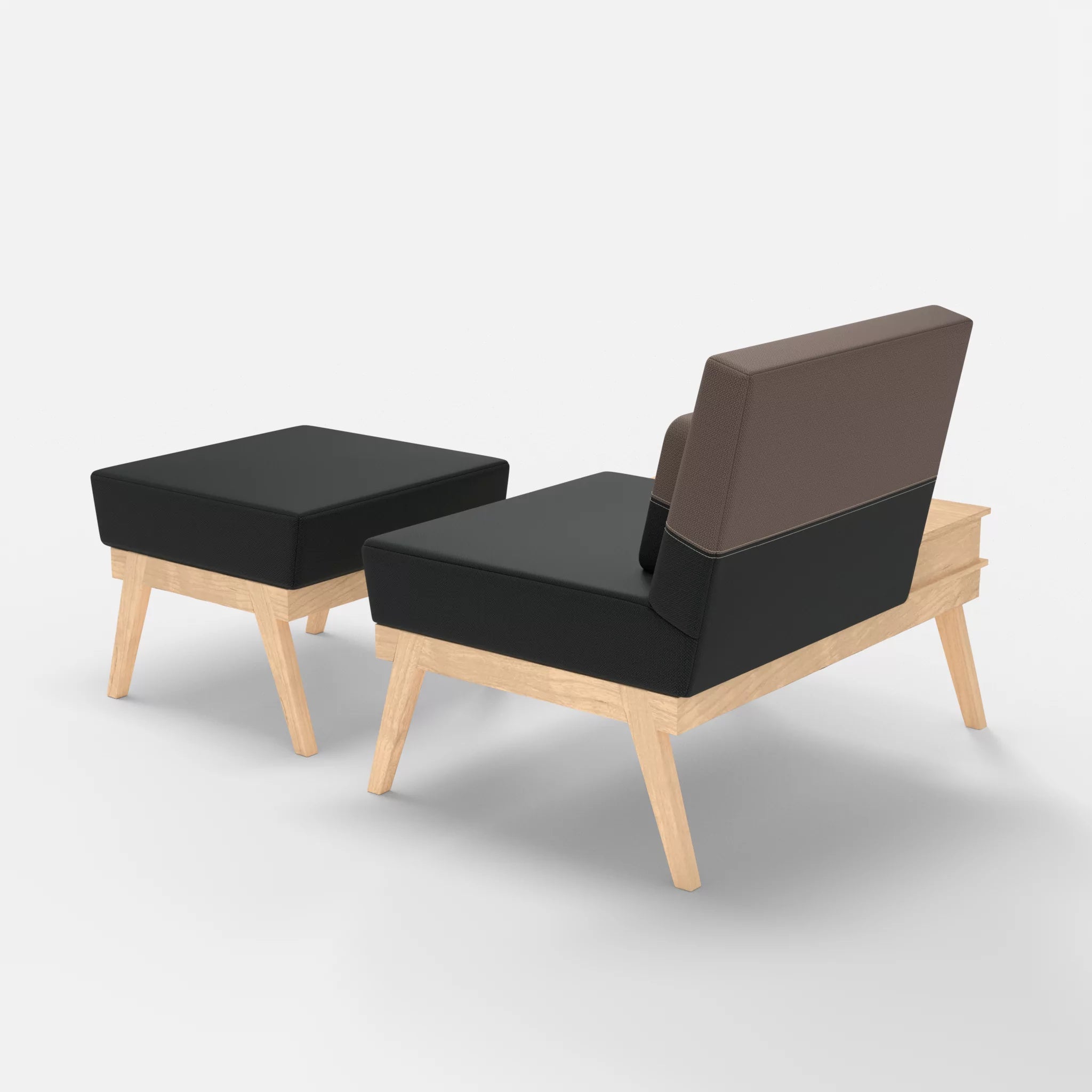 1er Sitzsofa Bauz mit Ablage links und Pouf credoblack-credowalnut in Schwarz und Dunkelgrau von hinten