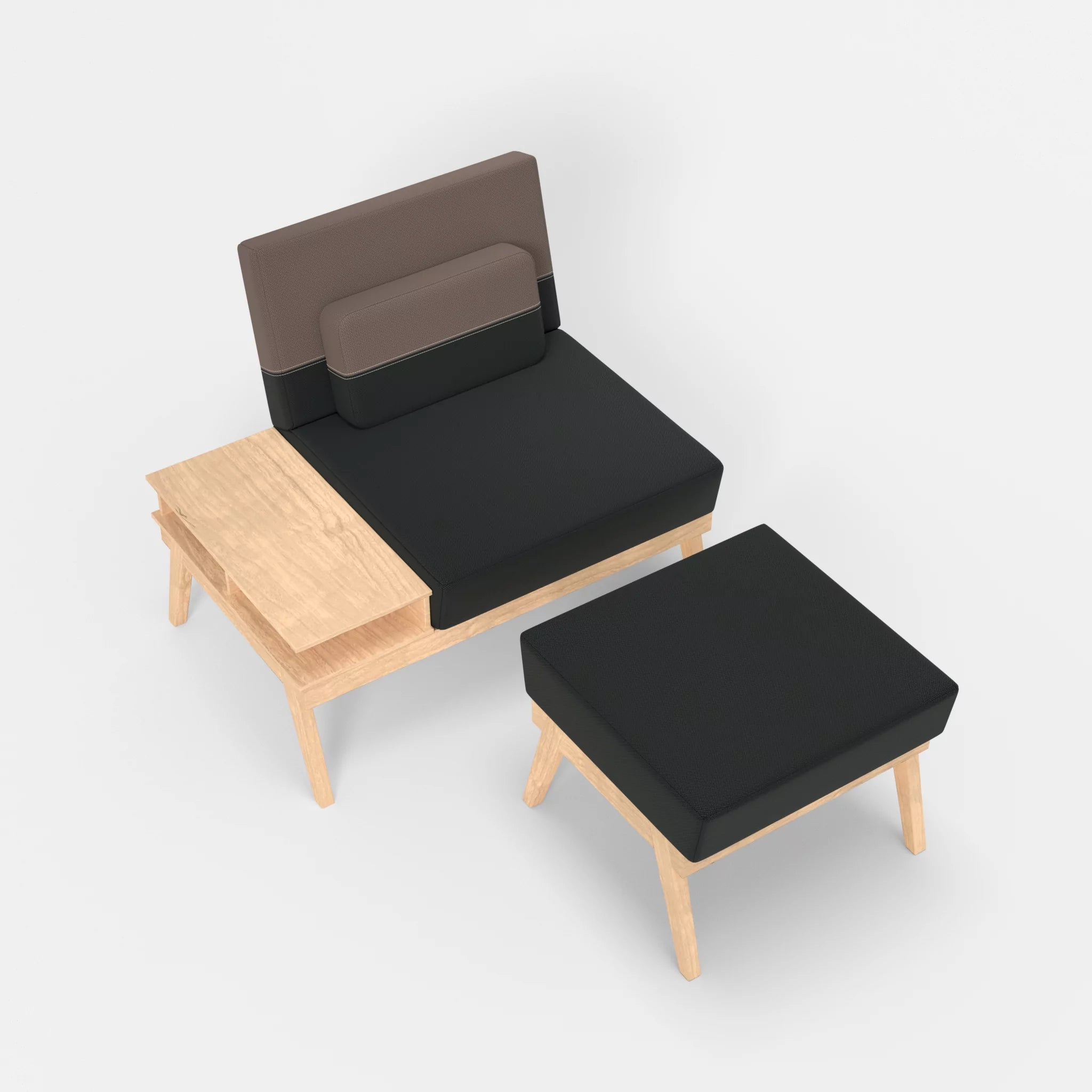 1er Sitzsofa Bauz mit Ablage links und Pouf credoblack-credowalnut in Schwarz und Dunkelgrau von oben