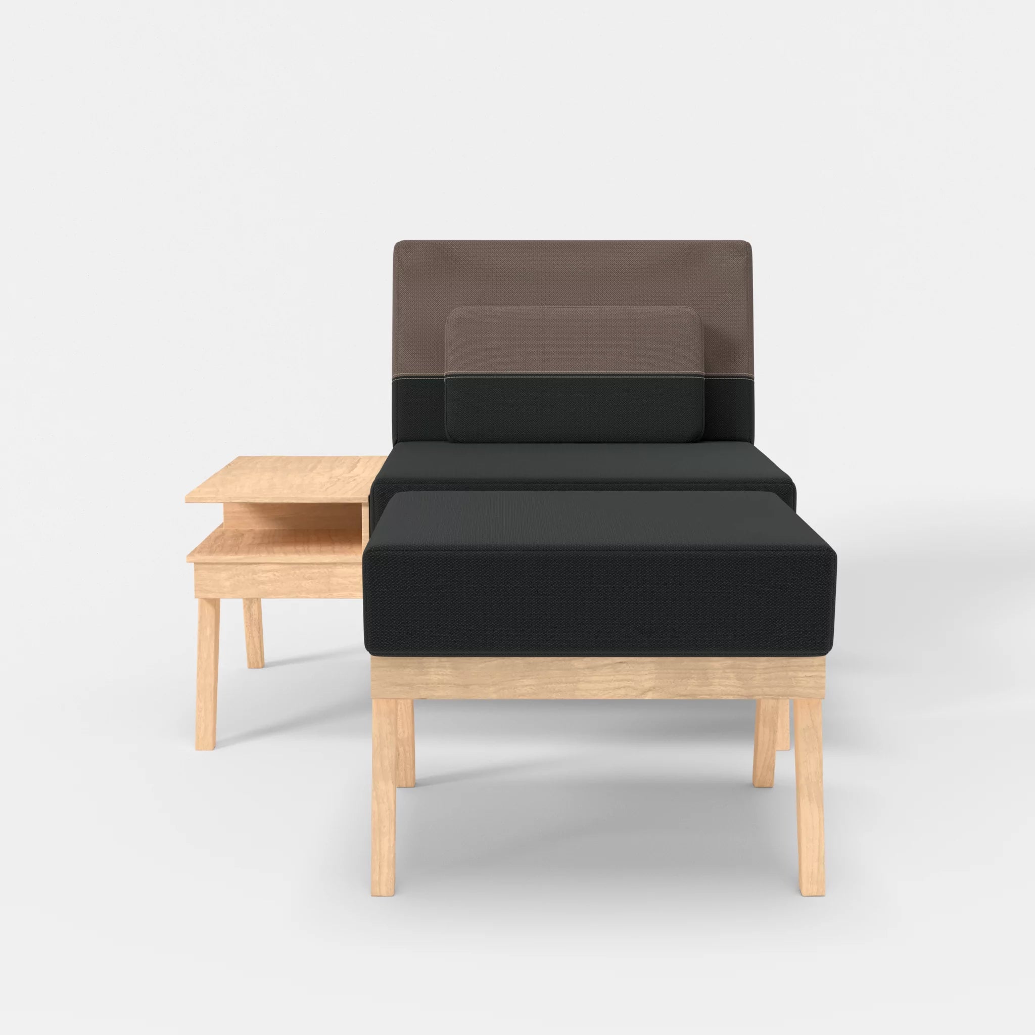 1er Sitzsofa Bauz mit Ablage links und Pouf credoblack-credowalnut in Schwarz und Dunkelgrau von vorne