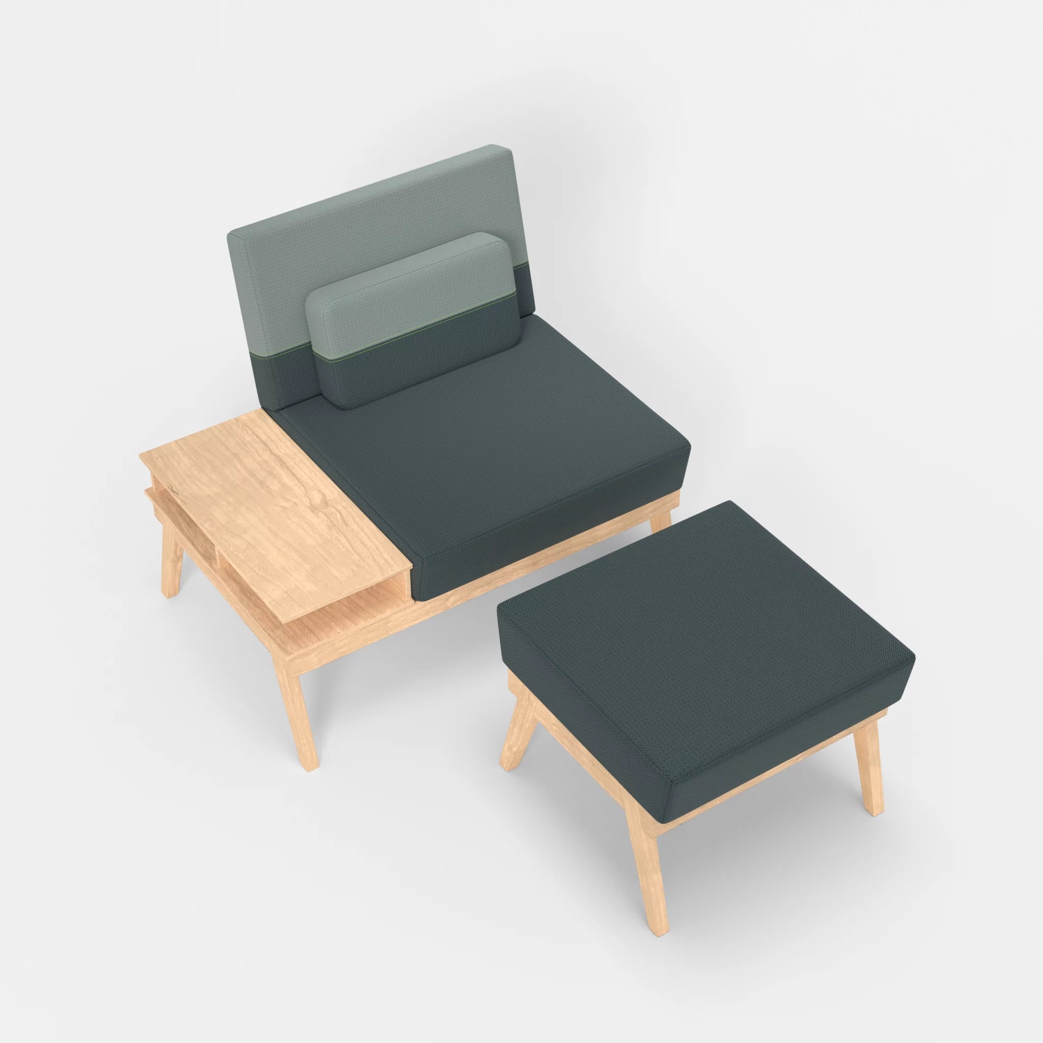 1er Sitzsofa Bauz mit Ablage links und Pouf credojaspis-credolake in Türkis und Graublau von oben