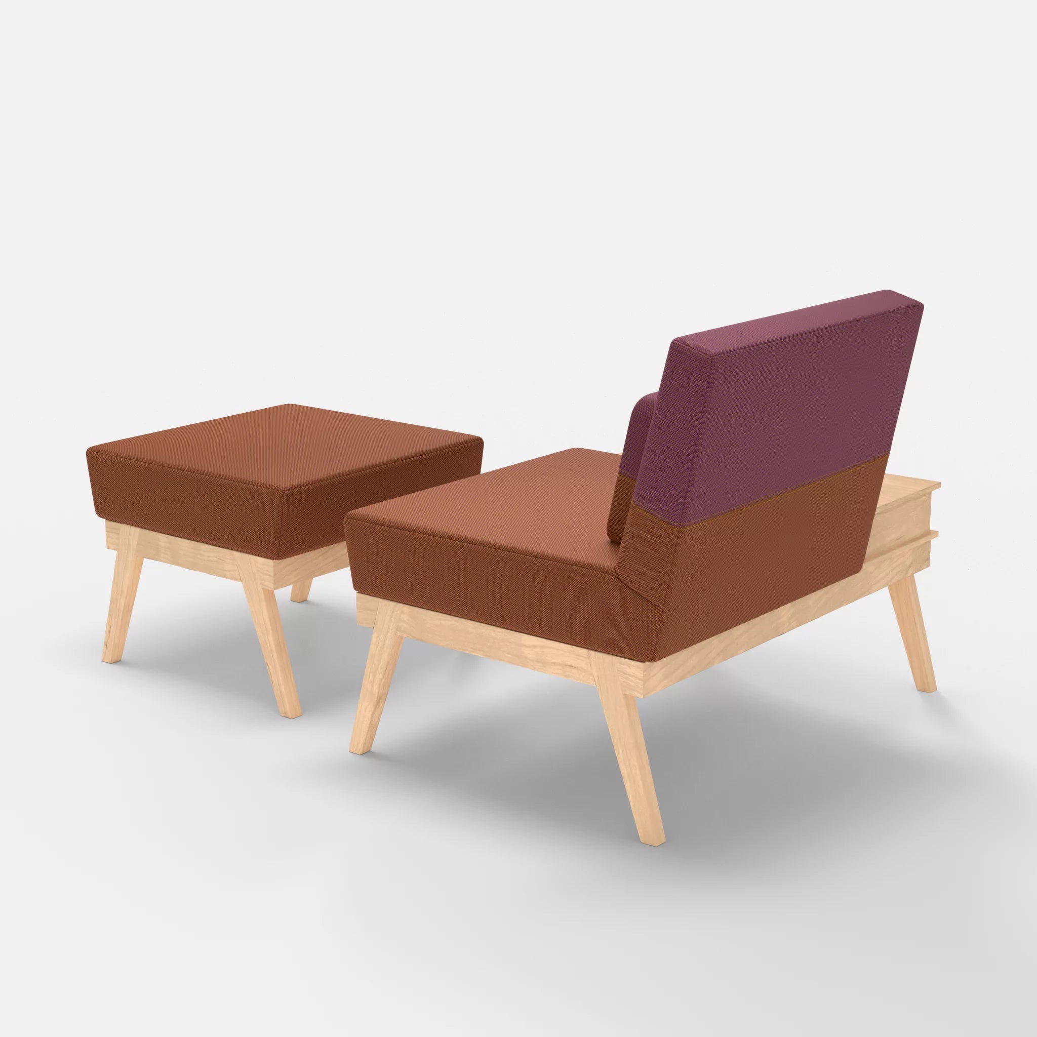 1er Sitzsofa Bauz mit Ablage links und Pouf credokupfer-credobreva in Braun und Violett von hinten