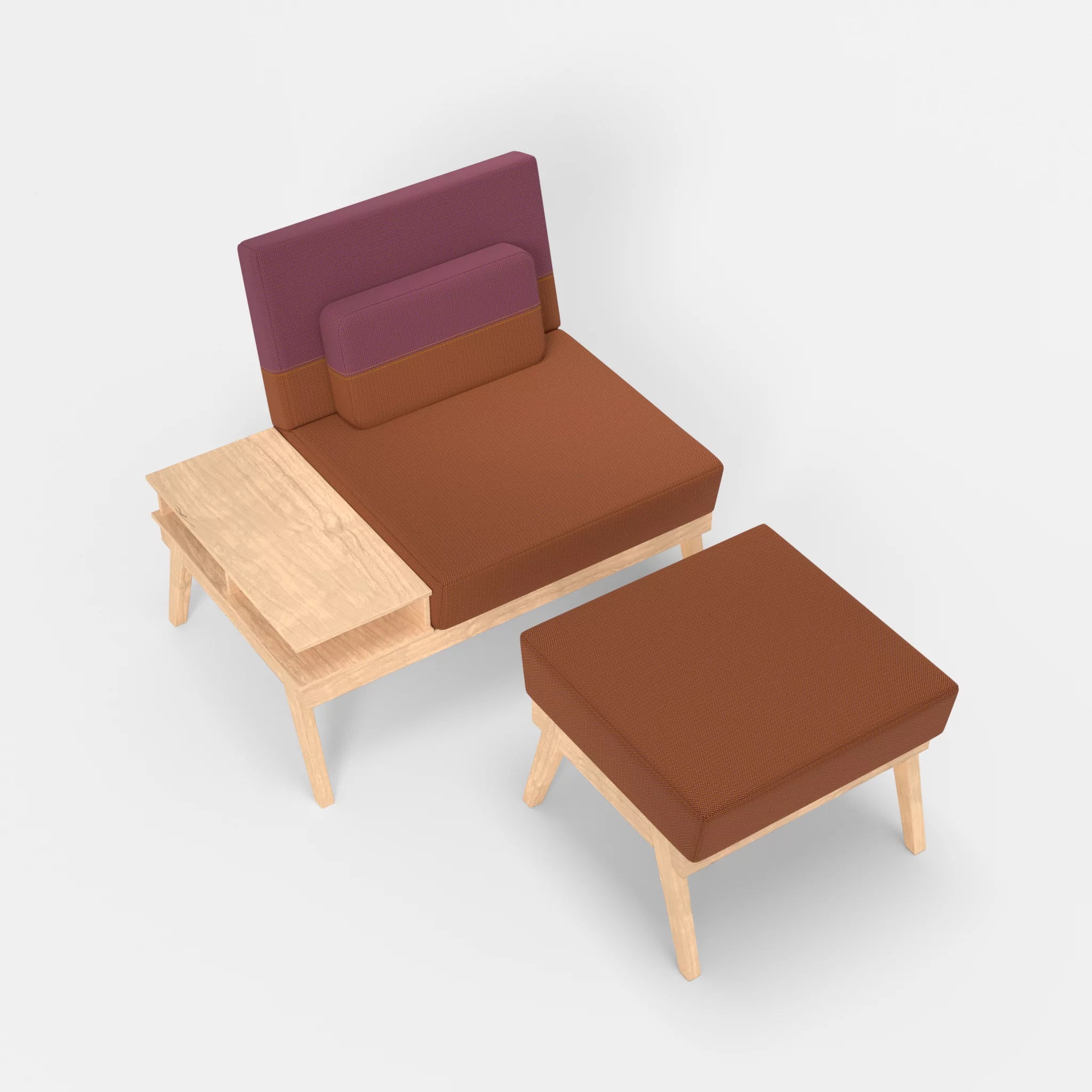 1er Sitzsofa Bauz mit Ablage links und Pouf credokupfer-credobreva in Braun und Violett von oben