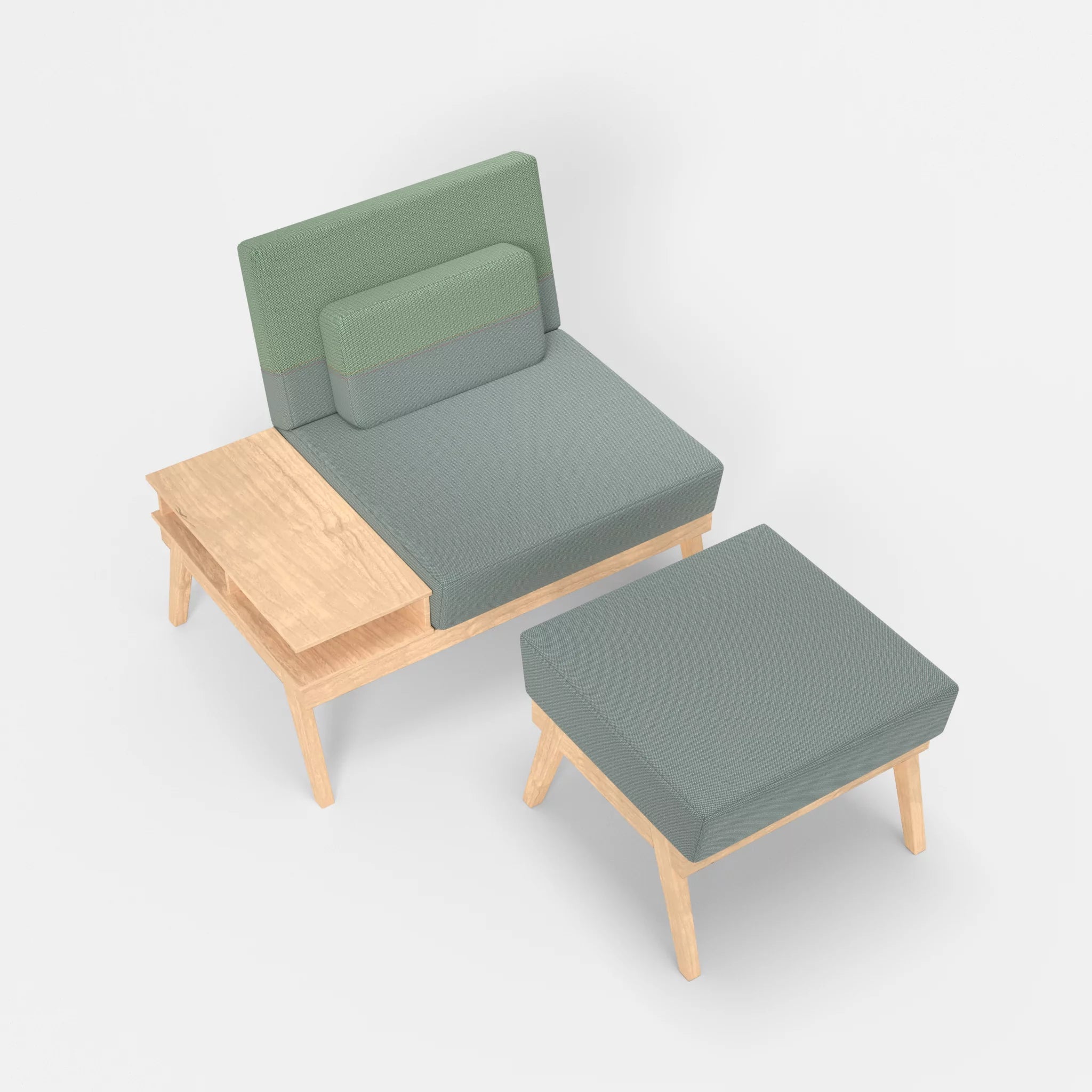 1er Sitzsofa Bauz mit Ablage links und Pouf credolake-credoaloe in Graublau und Hellgrün von oben