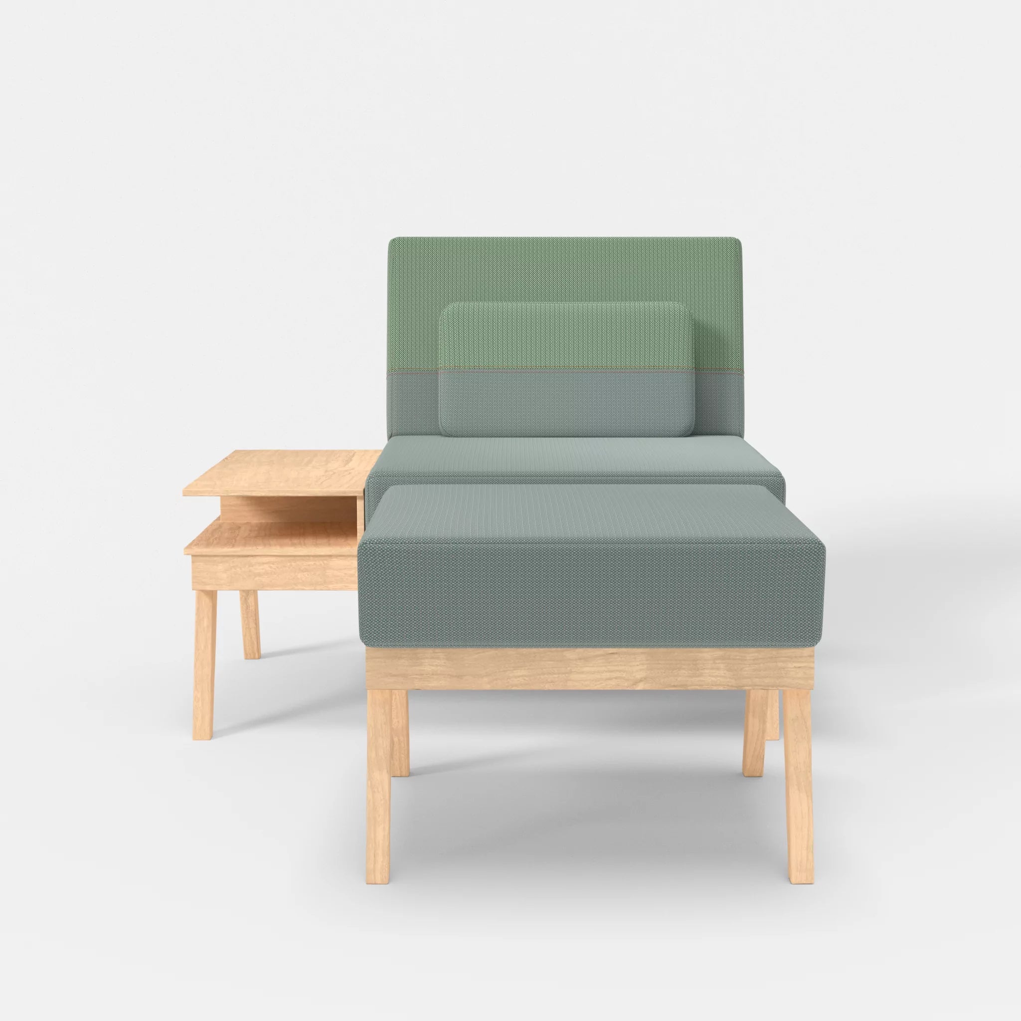 1er Sitzsofa Bauz mit Ablage links und Pouf credolake-credoaloe in Graublau und Hellgrün von vorne