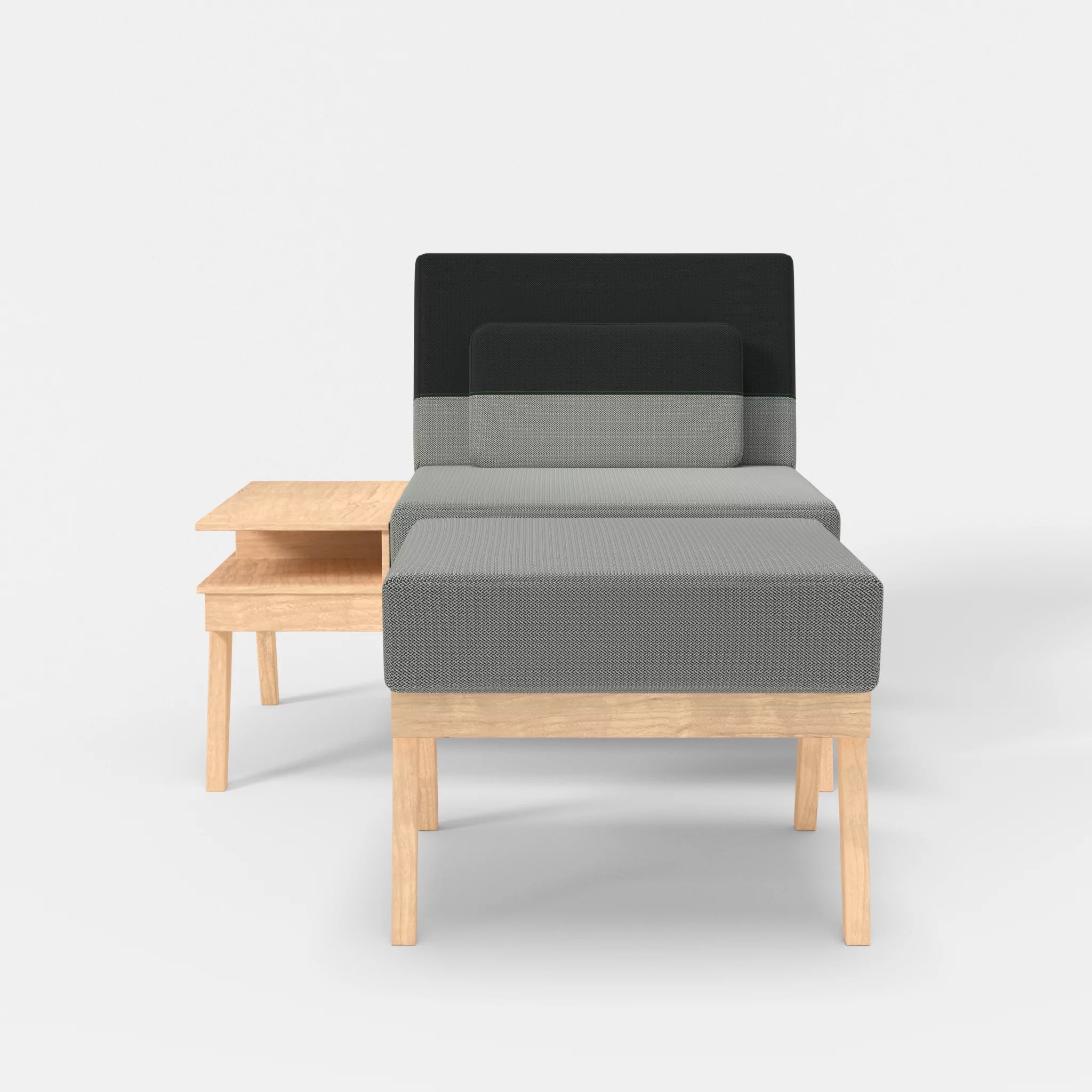 1er Sitzsofa Bauz mit Ablage links und Pouf credopepper-credoblack in Dunkelgrau und Schwarz von vorne