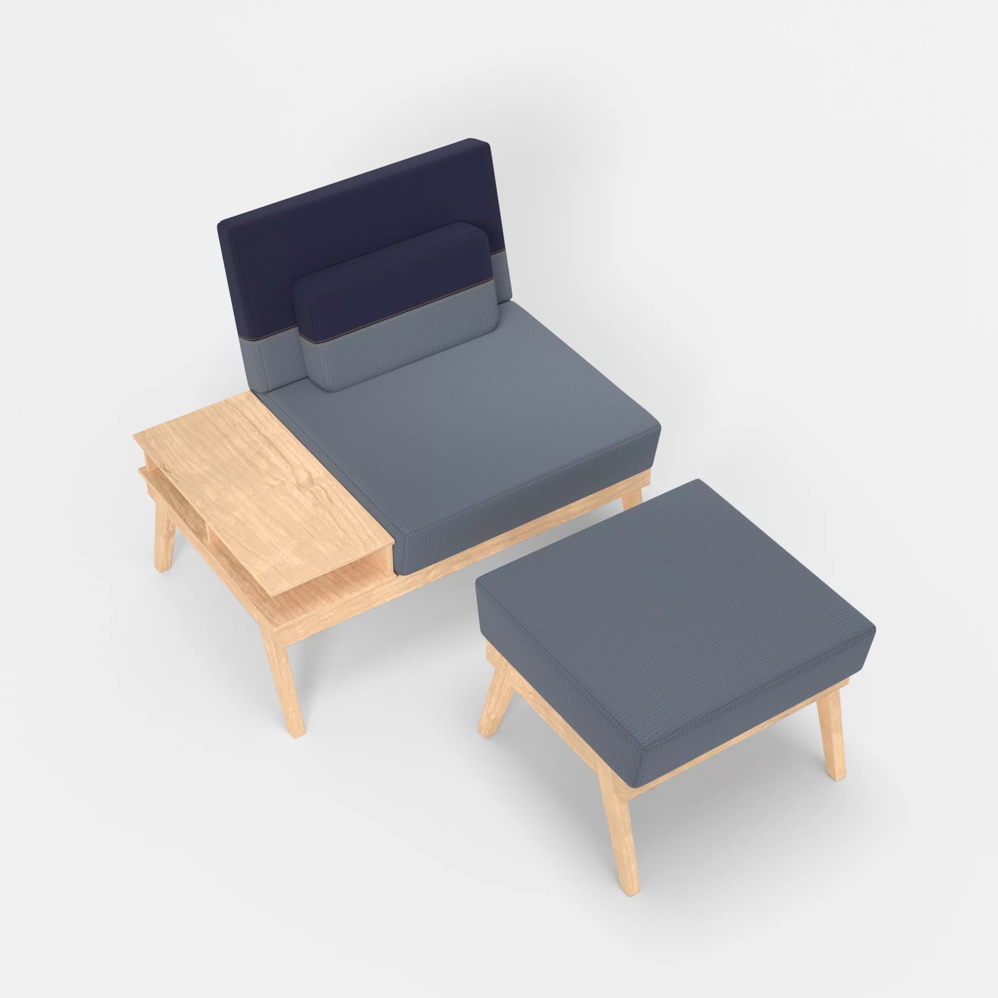 1er Sitzsofa Bauz mit Ablage links und Pouf credosea-credonavy in Blau und Navy von oben