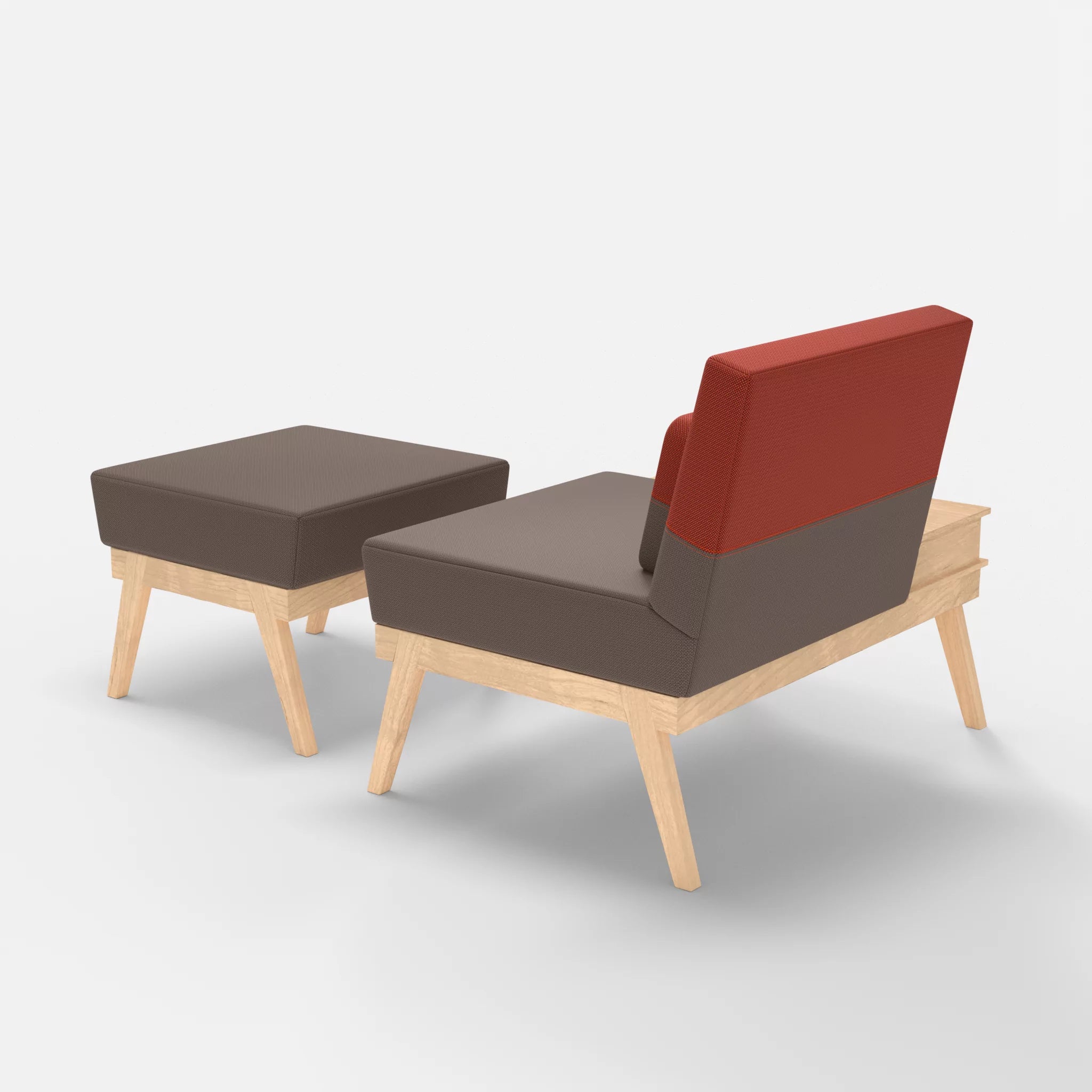 1er Sitzsofa Bauz mit Ablage links und Pouf credowalnut-credolampion in Dunkelgrau und Rot von hinten