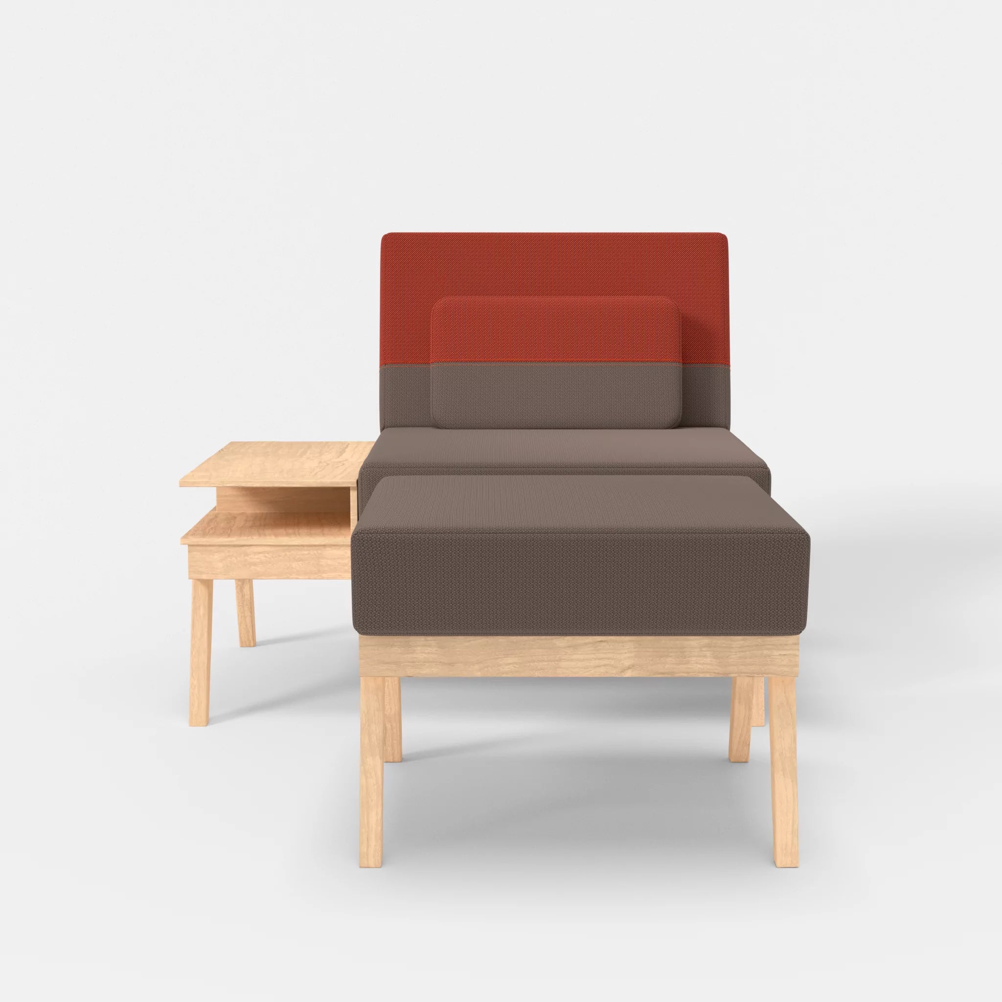 1er Sitzsofa Bauz mit Ablage links und Pouf credowalnut-credolampion in Dunkelgrau und Rot von vorne