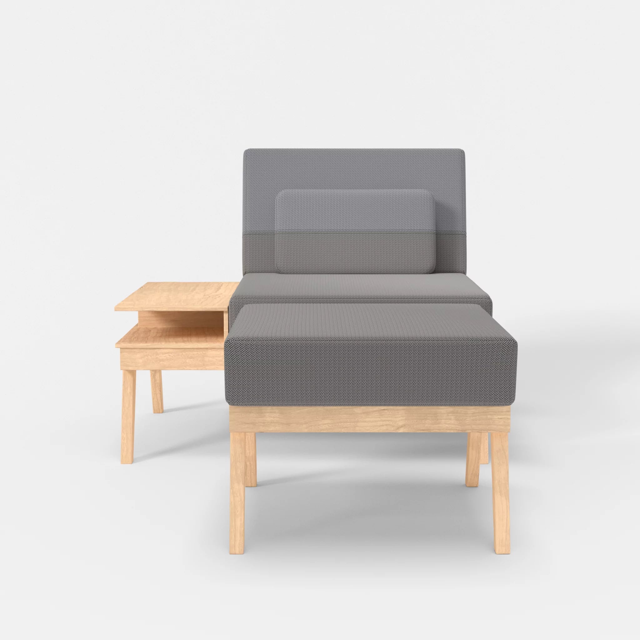 1er Sitzsofa Bauz mit Ablage links und Pouf credozinn-credochalk in Mittelgrau und Hellgrau von vorne