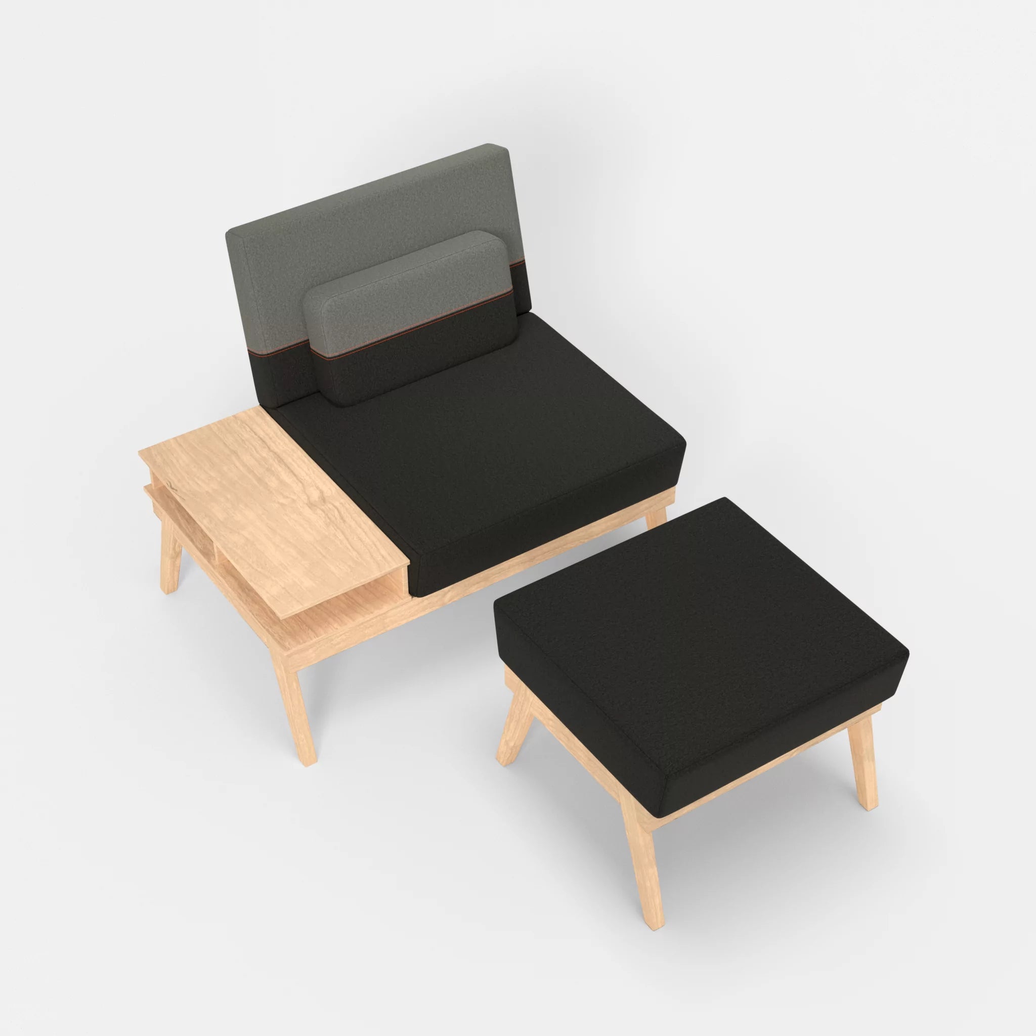 1er Sitzsofa Bauz mit Ablage links und Pouf dama0002-dama0003 in Anthrazit und Mittelgrau von oben