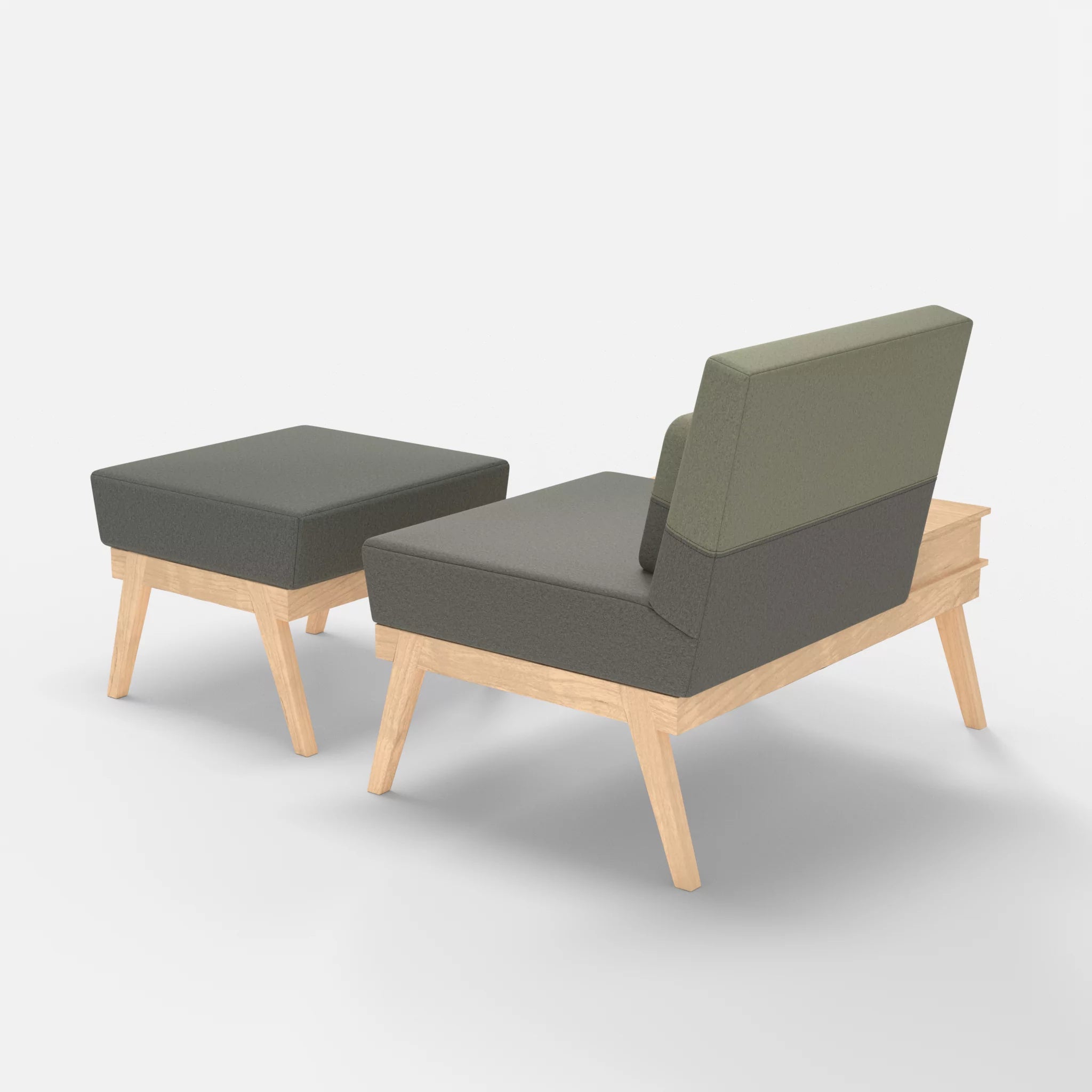 1er Sitzsofa Bauz mit Ablage links und Pouf dama0003-dama0057 in Mittelgrau und Hellgrau von hinten