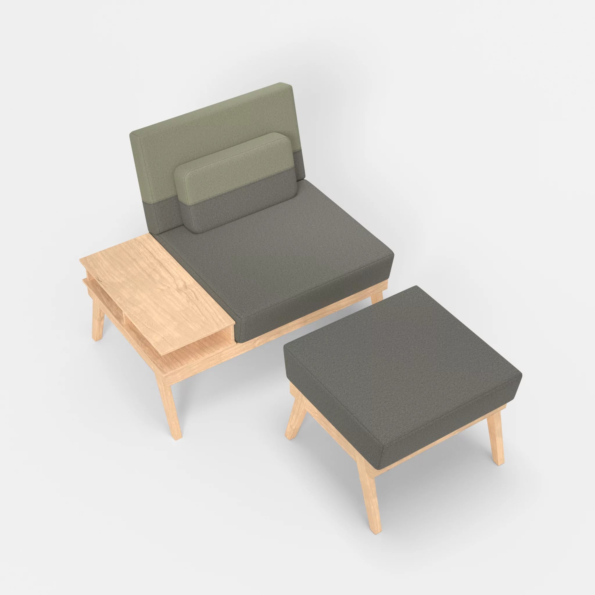 1er Sitzsofa Bauz mit Ablage links und Pouf dama0003-dama0057 in Mittelgrau und Hellgrau von oben