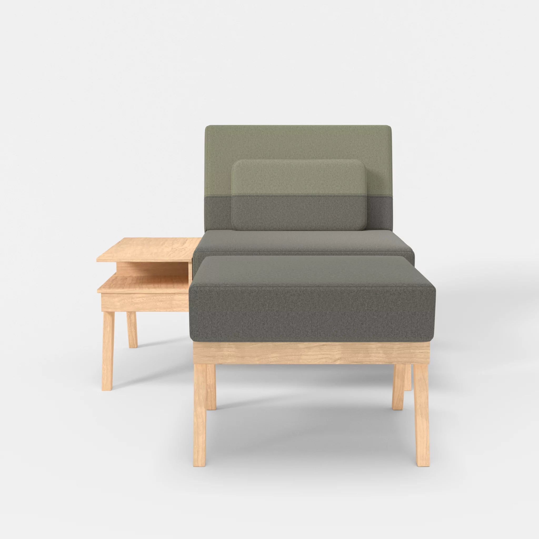 1er Sitzsofa Bauz mit Ablage links und Pouf dama0003-dama0057 in Mittelgrau und Hellgrau von vorne