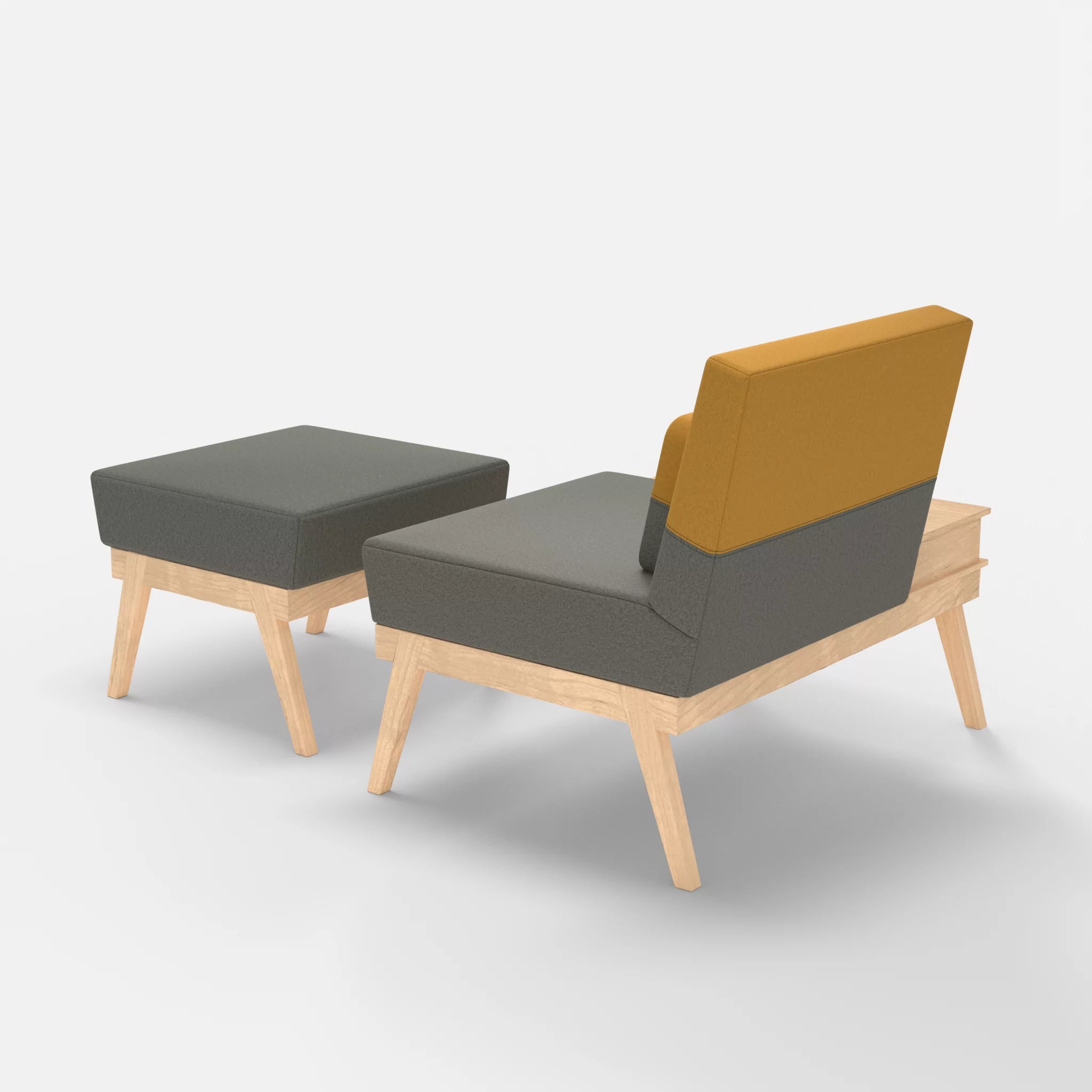 1er Sitzsofa Bauz mit Ablage links und Pouf dama0003-dama0081 in Mittelgrau und Curry von hinten
