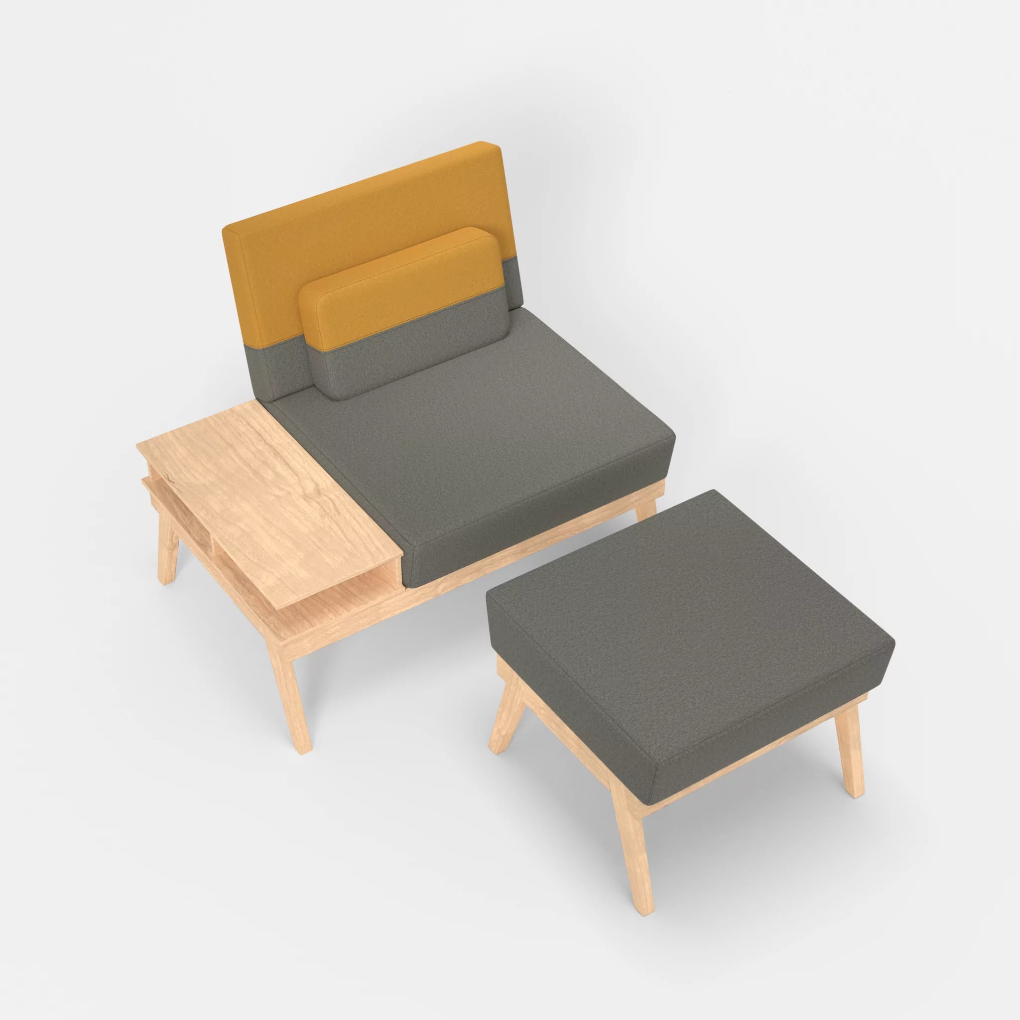 1er Sitzsofa Bauz mit Ablage links und Pouf dama0003-dama0081 in Mittelgrau und Curry von oben