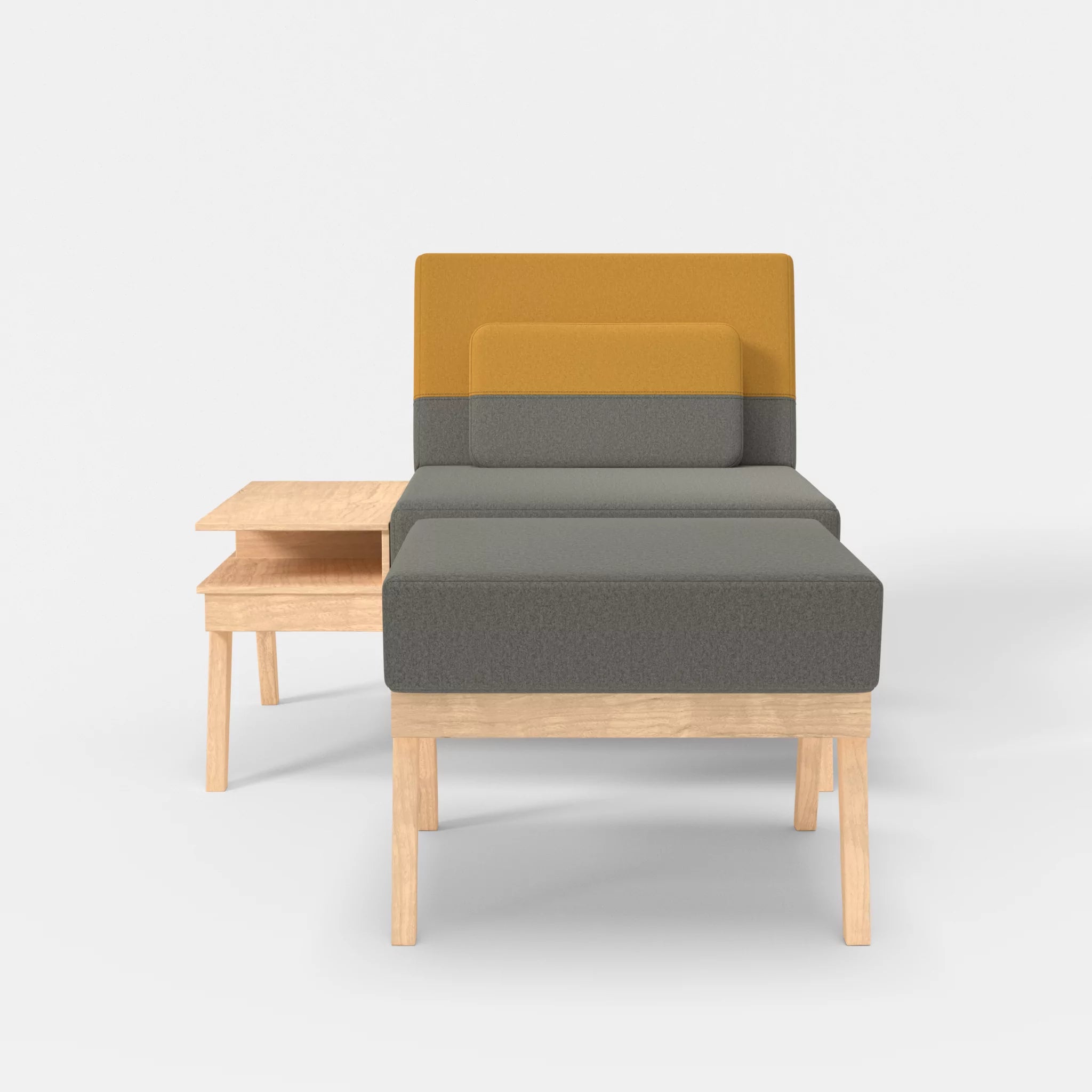 1er Sitzsofa Bauz mit Ablage links und Pouf dama0003-dama0081 in Mittelgrau und Curry von vorne