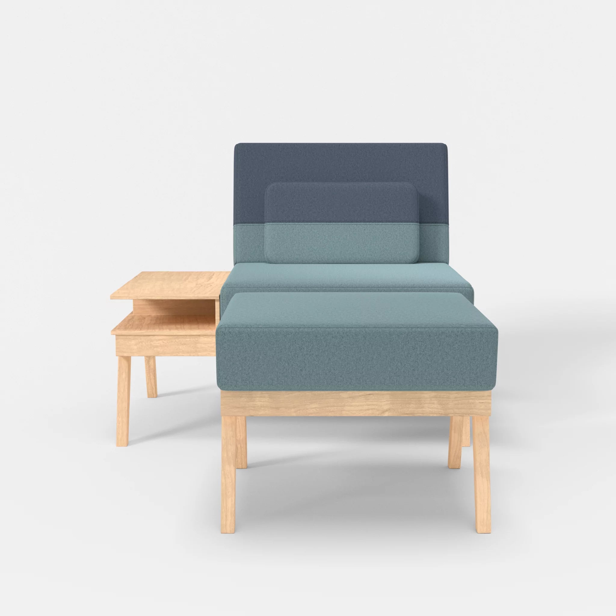 1er Sitzsofa Bauz mit Ablage links und Pouf dama0016-dama0075 in Hellblau und Blau von vorne