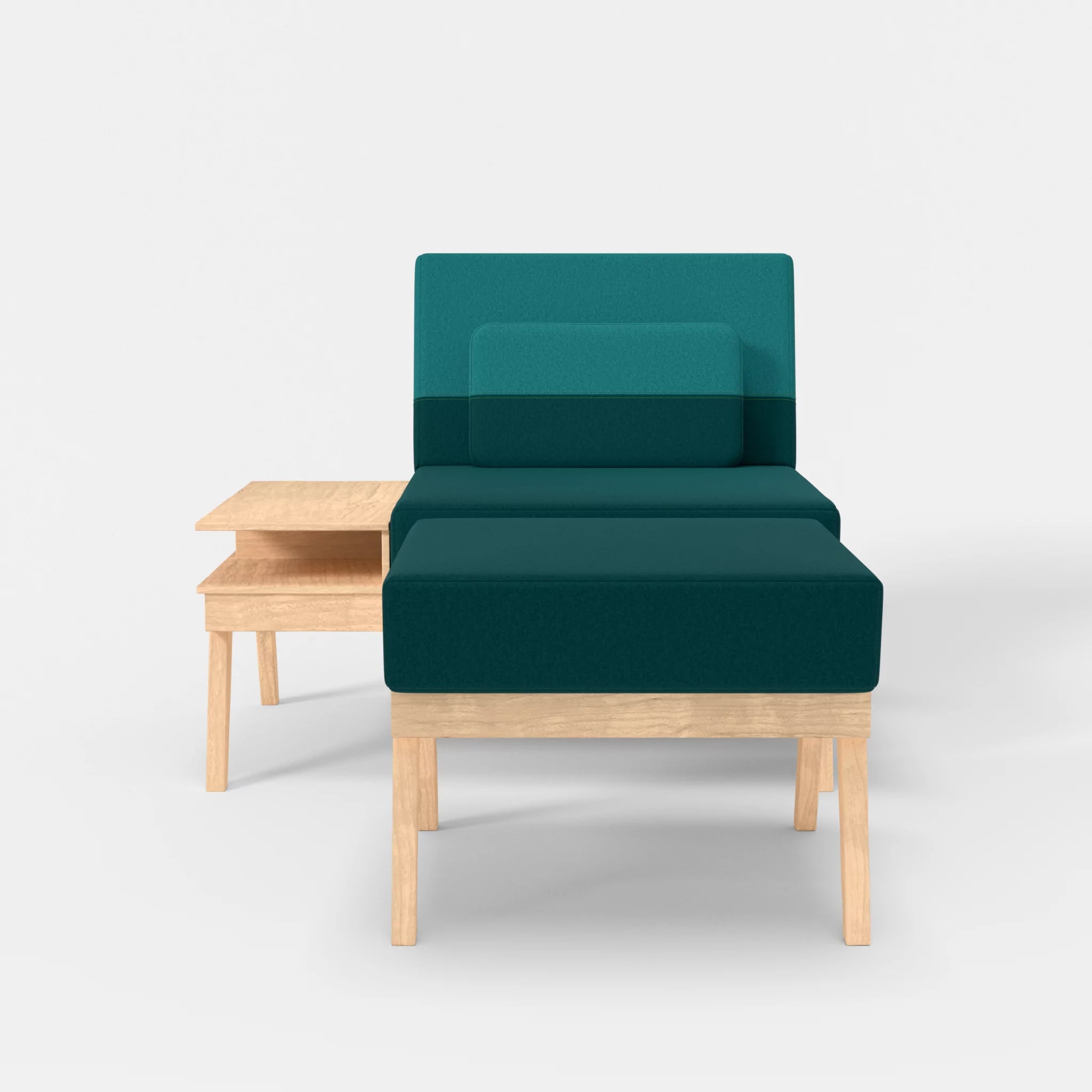 1er Sitzsofa Bauz mit Ablage links und Pouf dama0018-dama0076 in Türkis und Türkis von vorne