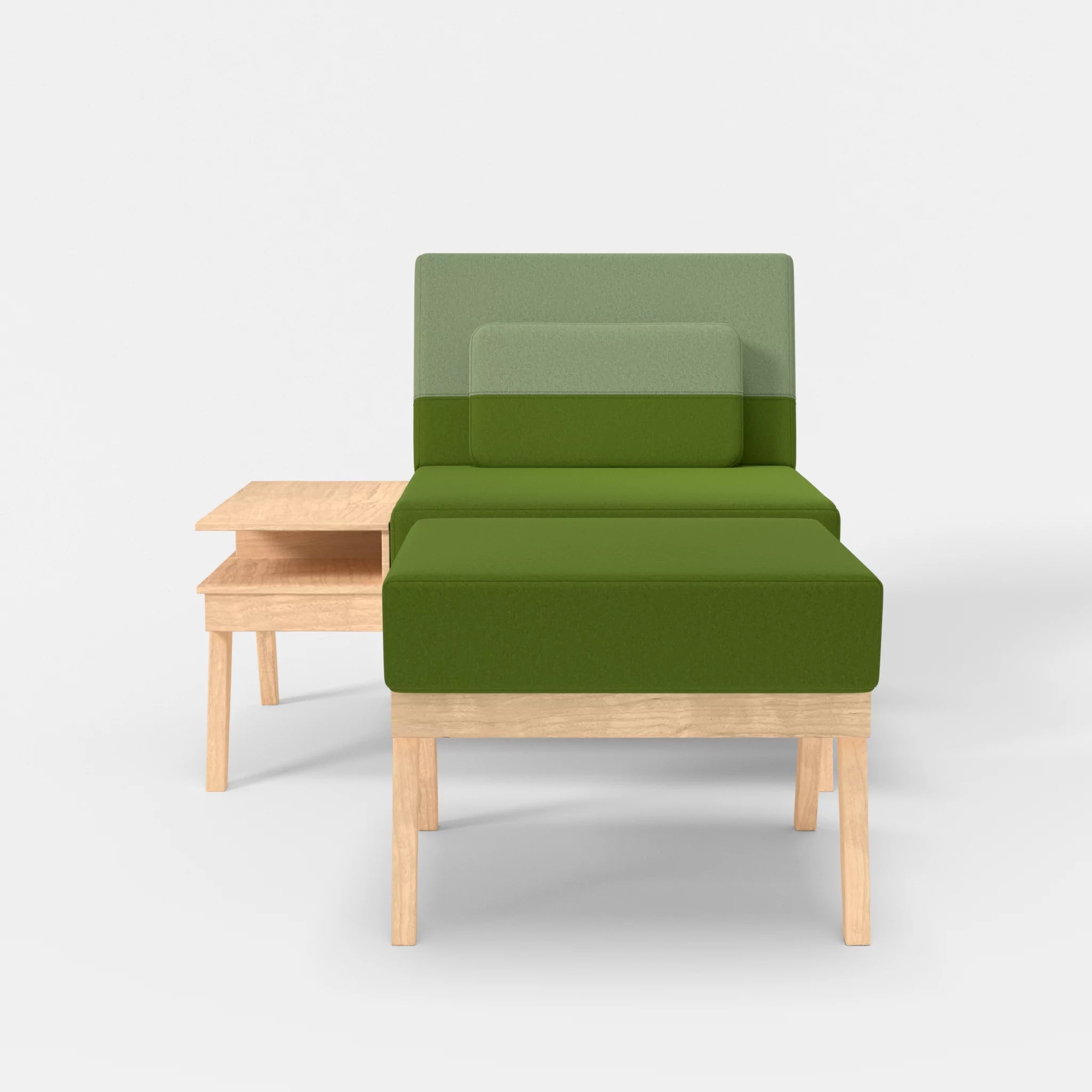1er Sitzsofa Bauz mit Ablage links und Pouf dama0027-dama0042 in Grün und Hellgrün von vorne