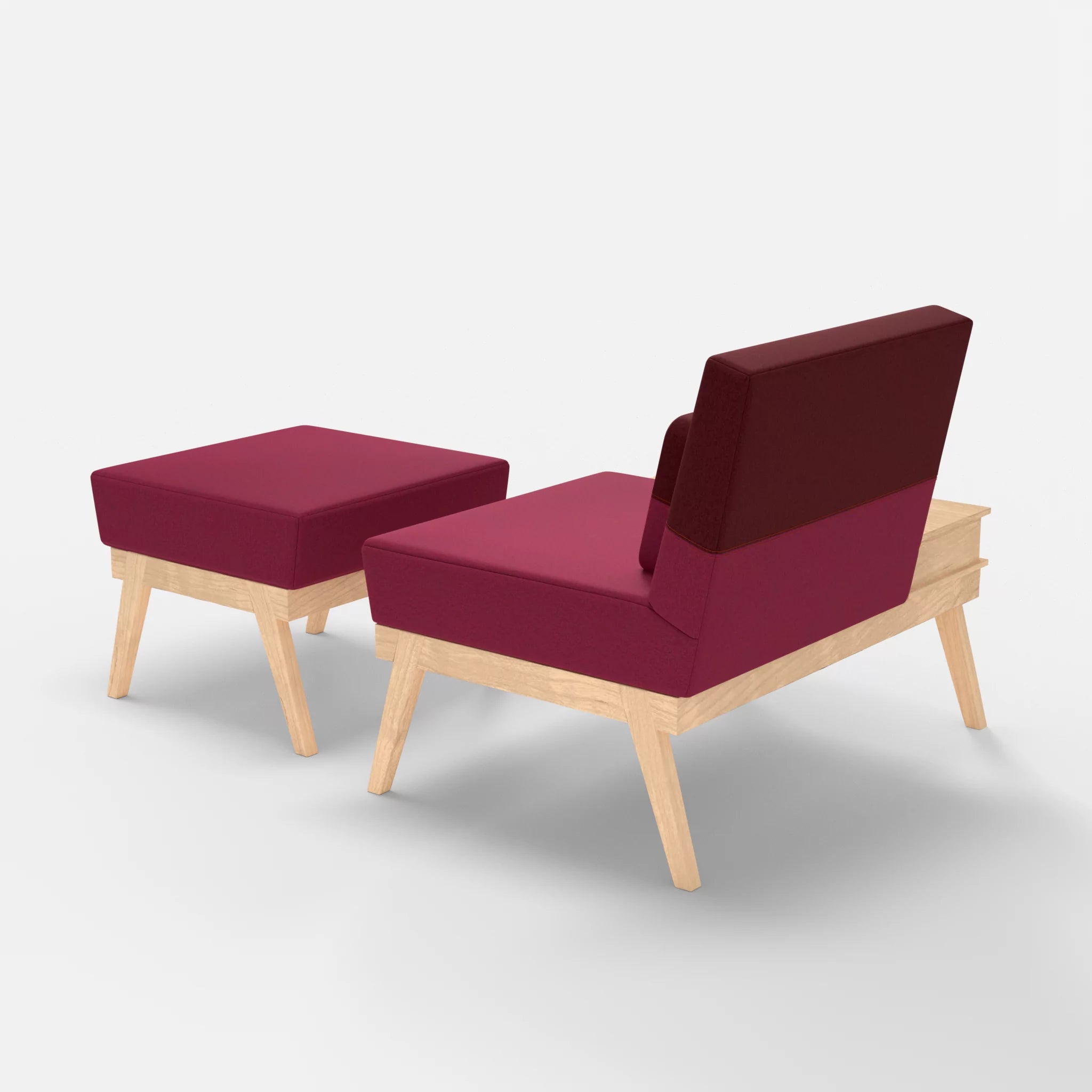 1er Sitzsofa Bauz mit Ablage links und Pouf dama0034-dama0050 in Bordeaux und Fuchsia von hinten