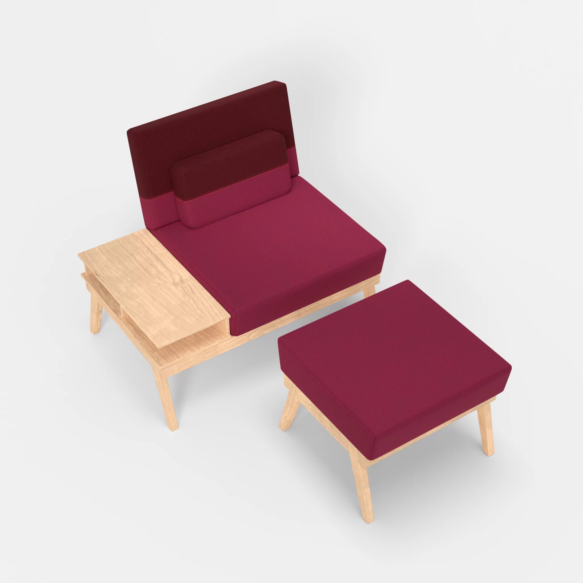 1er Sitzsofa Bauz mit Ablage links und Pouf dama0034-dama0050 in Bordeaux und Fuchsia von oben