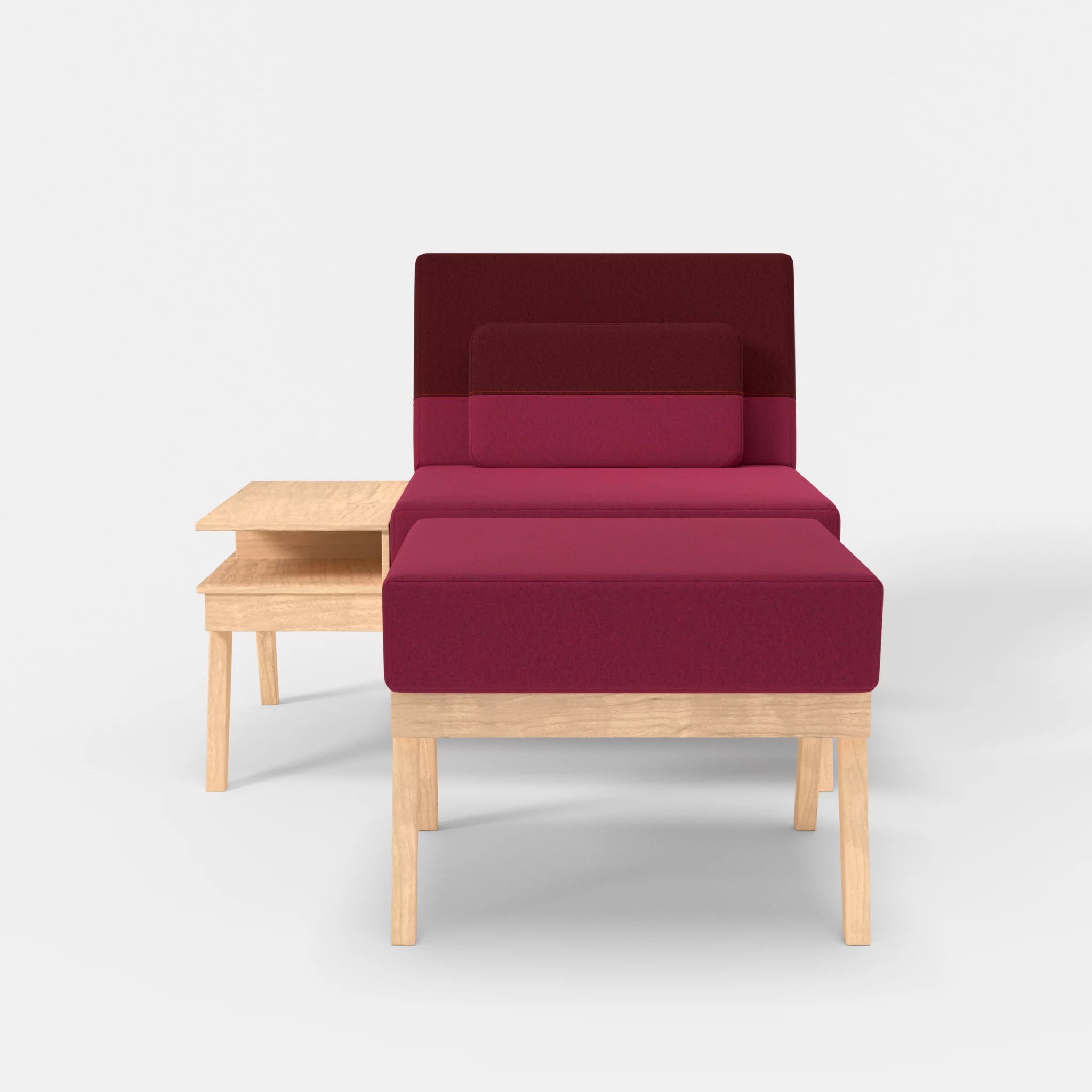 1er Sitzsofa Bauz mit Ablage links und Pouf dama0034-dama0050 in Bordeaux und Fuchsia von vorne
