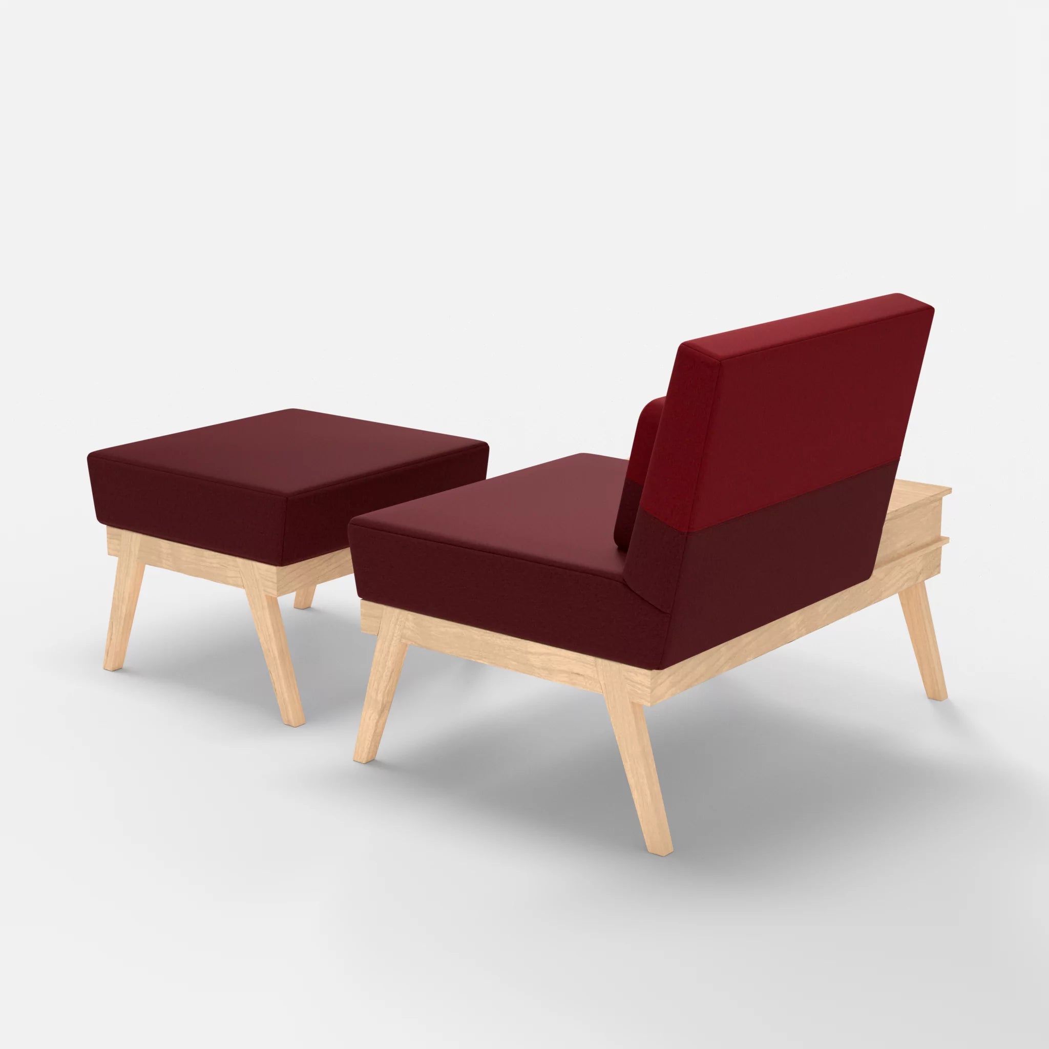 1er Sitzsofa Bauz mit Ablage links und Pouf dama0034-dama0053 in Bordeaux und Rot von hinten