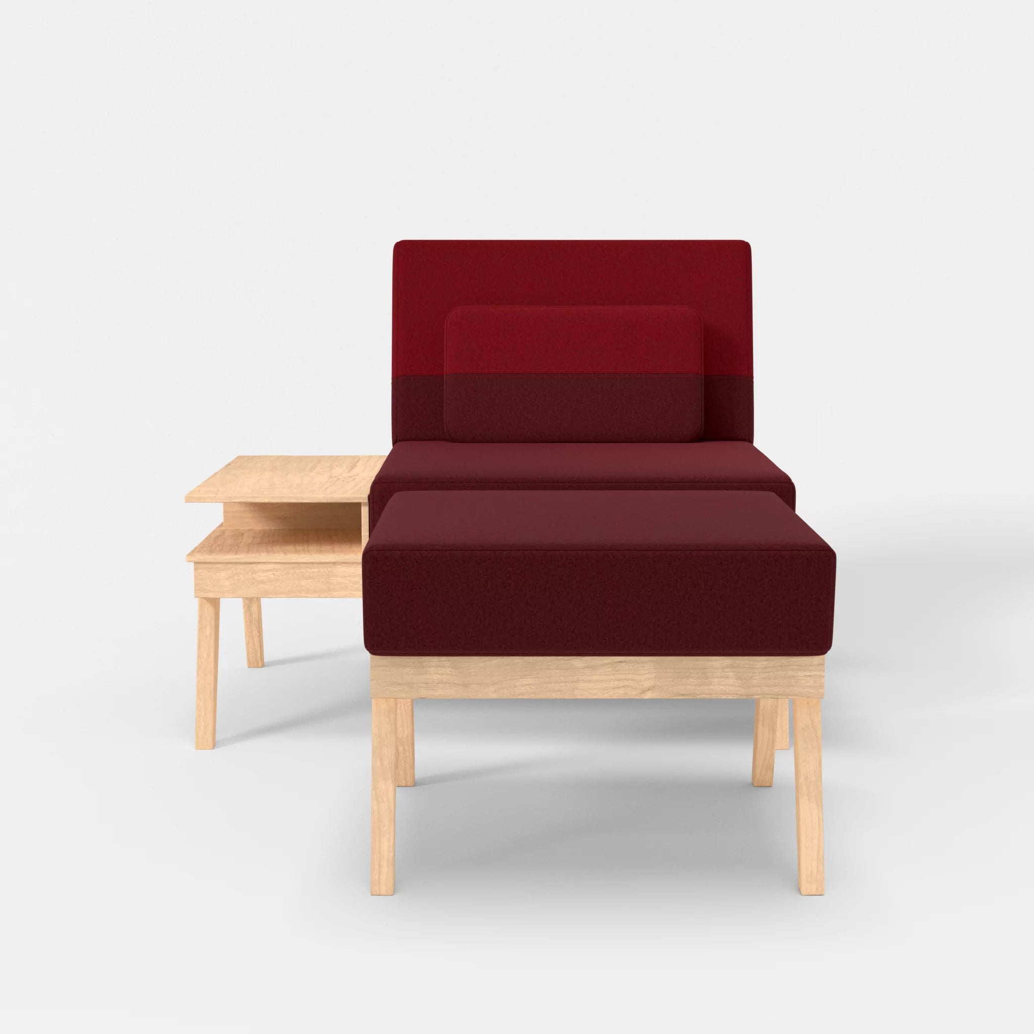 1er Sitzsofa Bauz mit Ablage links und Pouf dama0034-dama0053 in Bordeaux und Rot von vorne