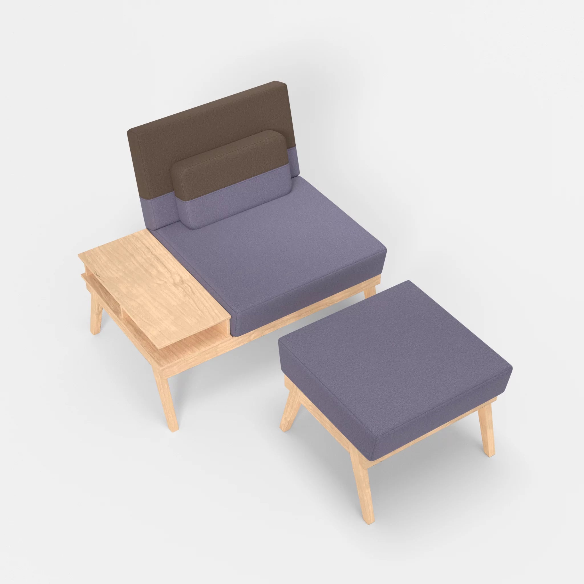1er Sitzsofa Bauz mit Ablage links und Pouf dama0039-dama0051 in Flieder und Braun von oben
