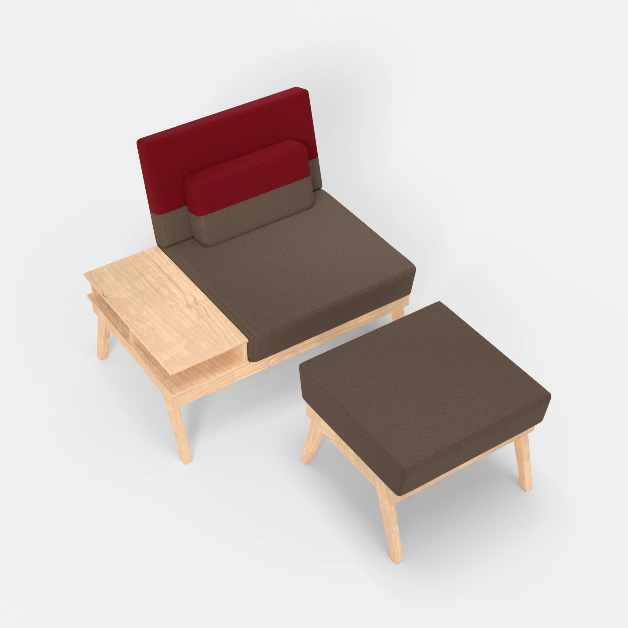 1er Sitzsofa Bauz mit Ablage links und Pouf dama0051-dama0053 in Braun und Rot von oben