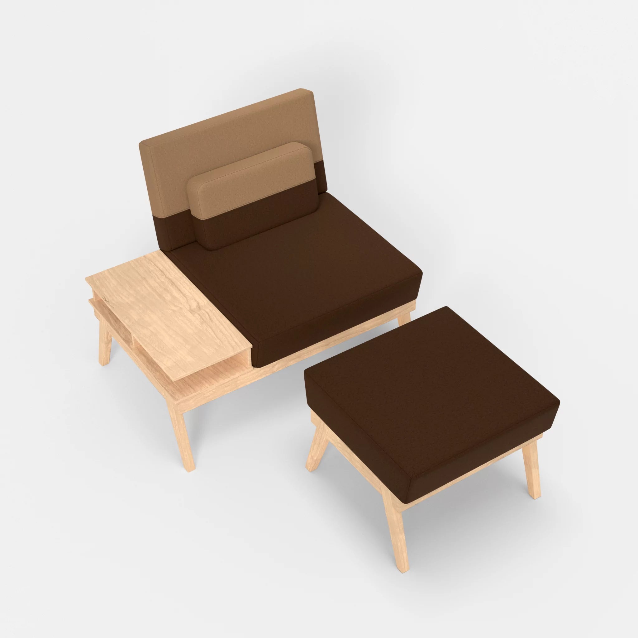 1er Sitzsofa Bauz mit Ablage links und Pouf dama0060-dama0056 in Braun und Beige von oben
