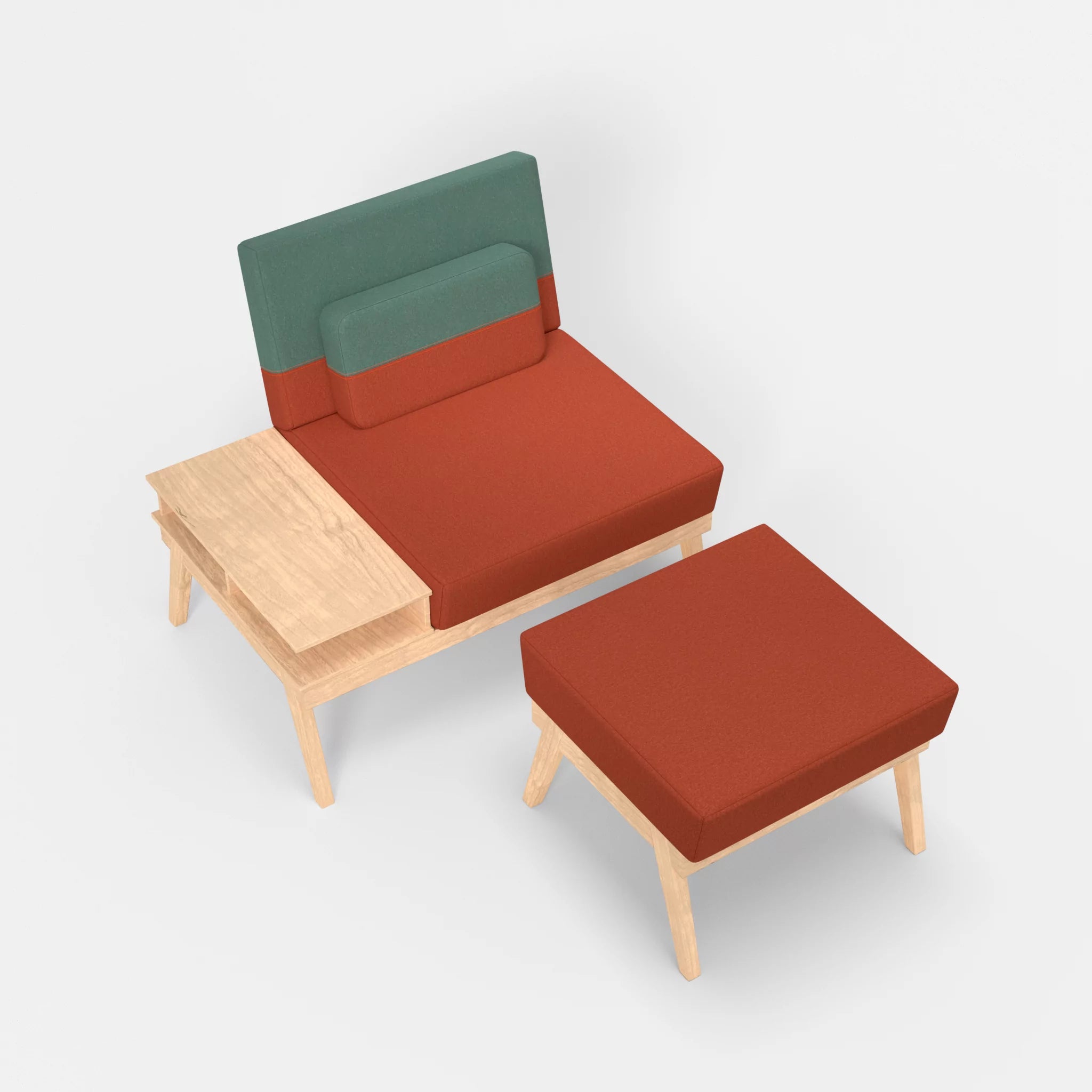 1er Sitzsofa Bauz mit Ablage links und Pouf dama0062-dama0045 in Orange und Türkis von oben