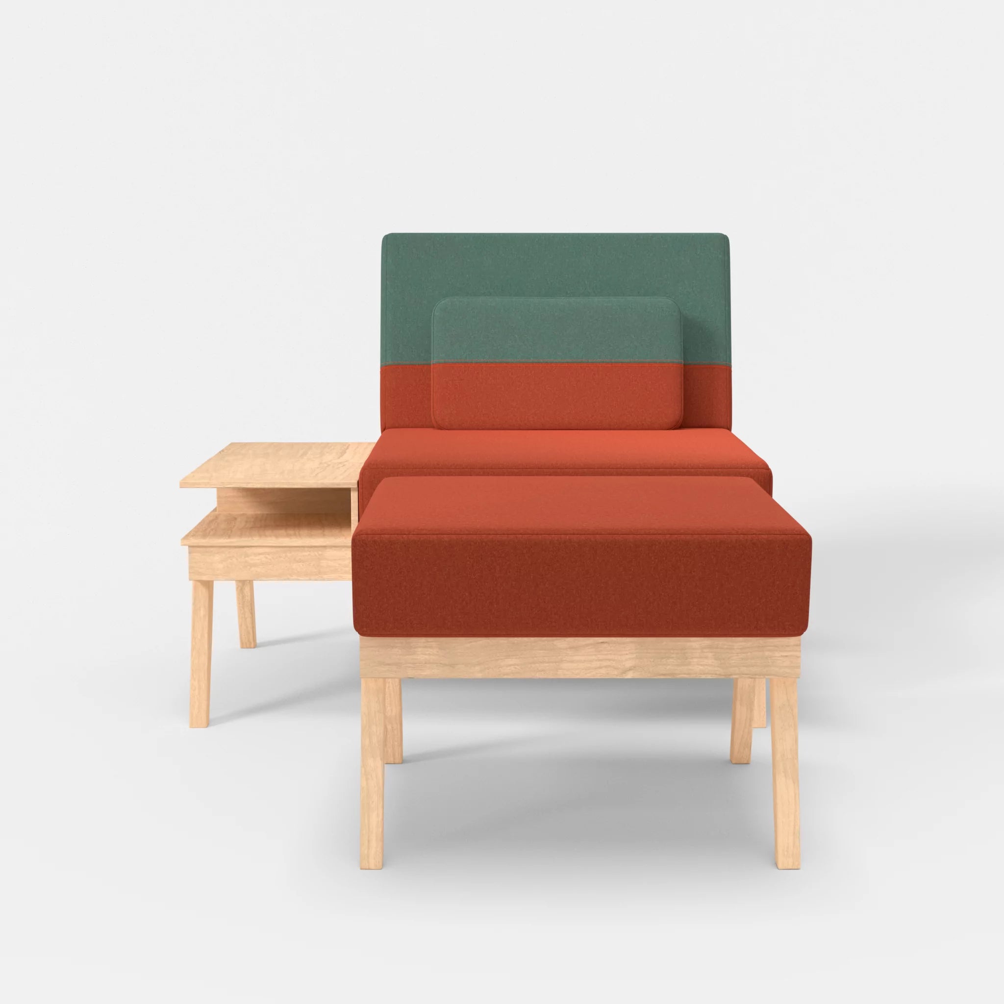 1er Sitzsofa Bauz mit Ablage links und Pouf dama0062-dama0045 in Orange und Türkis von vorne