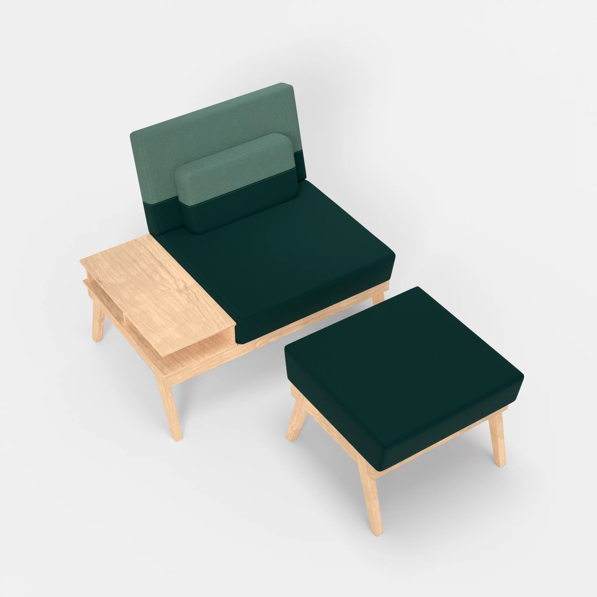 1er Sitzsofa Bauz mit Ablage links und Pouf dama0073-dama0045 in Petrol und Türkis von oben