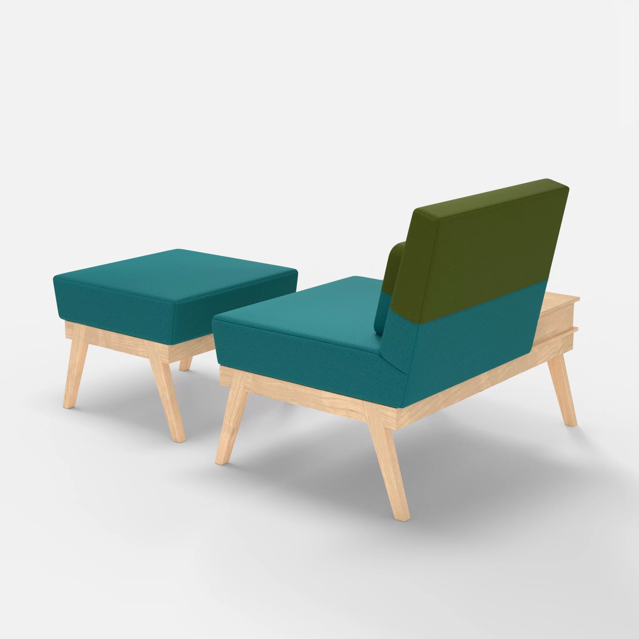 1er Sitzsofa Bauz mit Ablage links und Pouf dama0076-dama0059 in Türkis und Grün von hinten