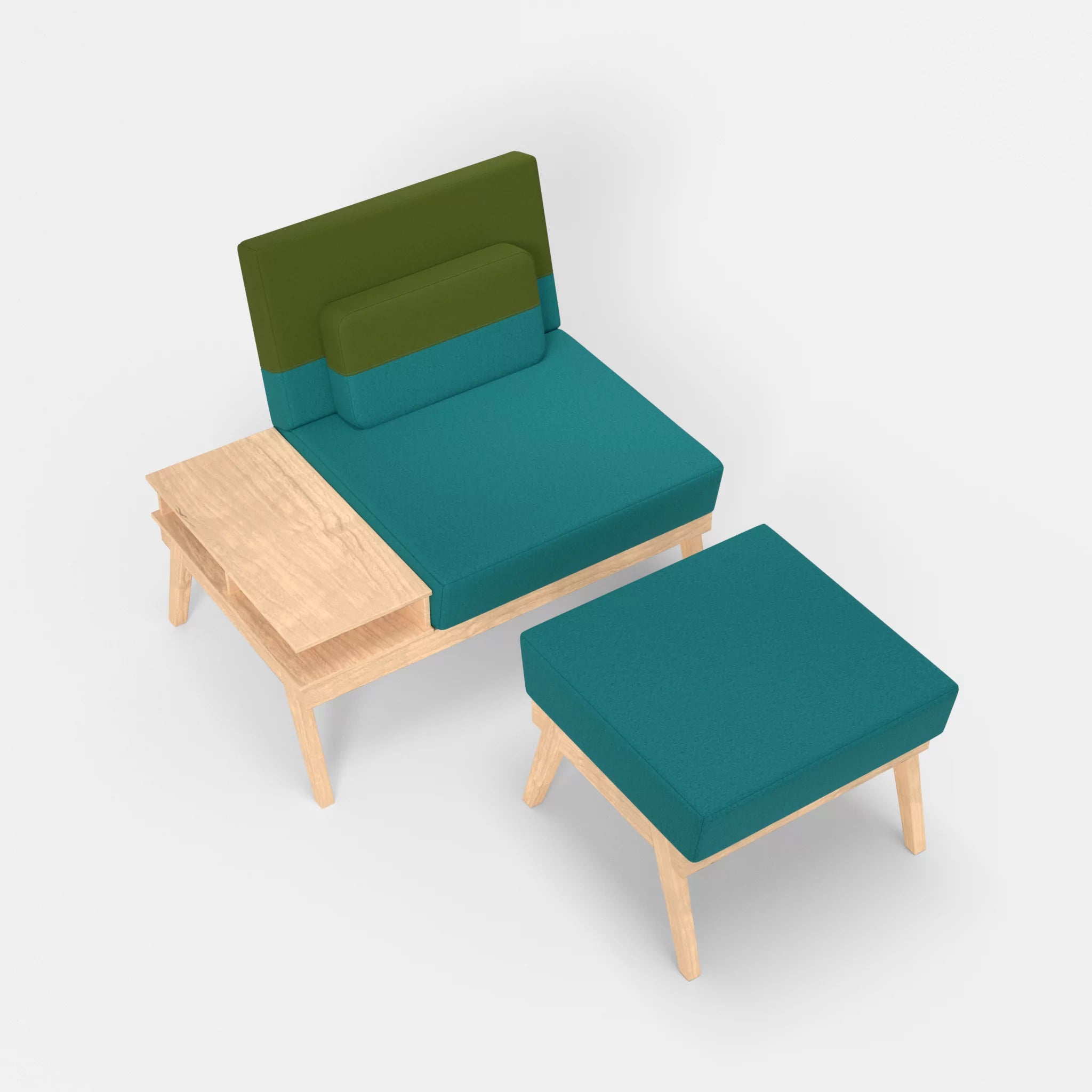 1er Sitzsofa Bauz mit Ablage links und Pouf dama0076-dama0059 in Türkis und Grün von oben