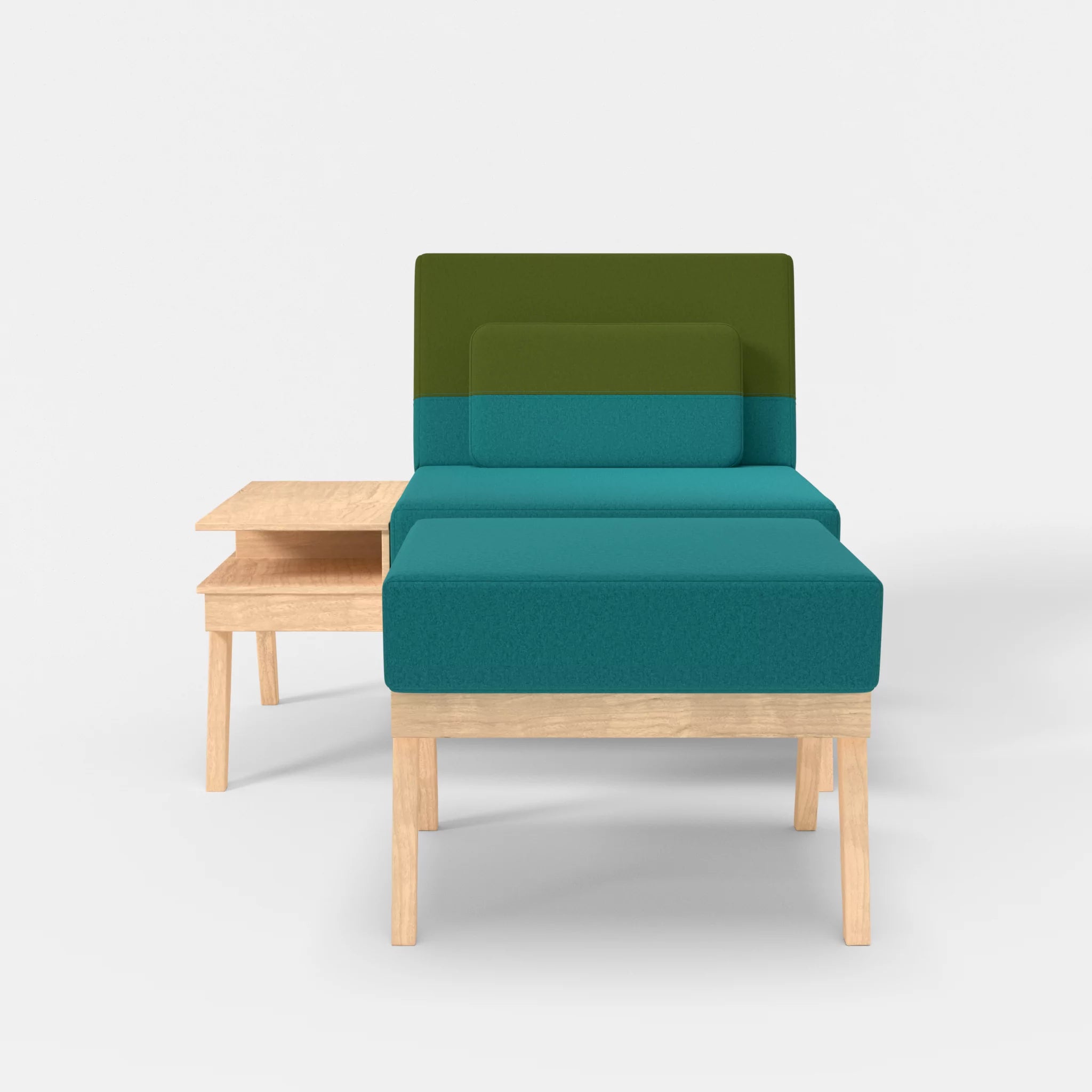 1er Sitzsofa Bauz mit Ablage links und Pouf dama0076-dama0059 in Türkis und Grün von vorne